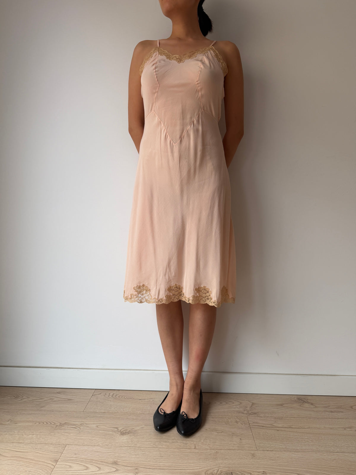 Vintage 1930s Pink Slip Dress with Floral Lace Trim, Midi Length