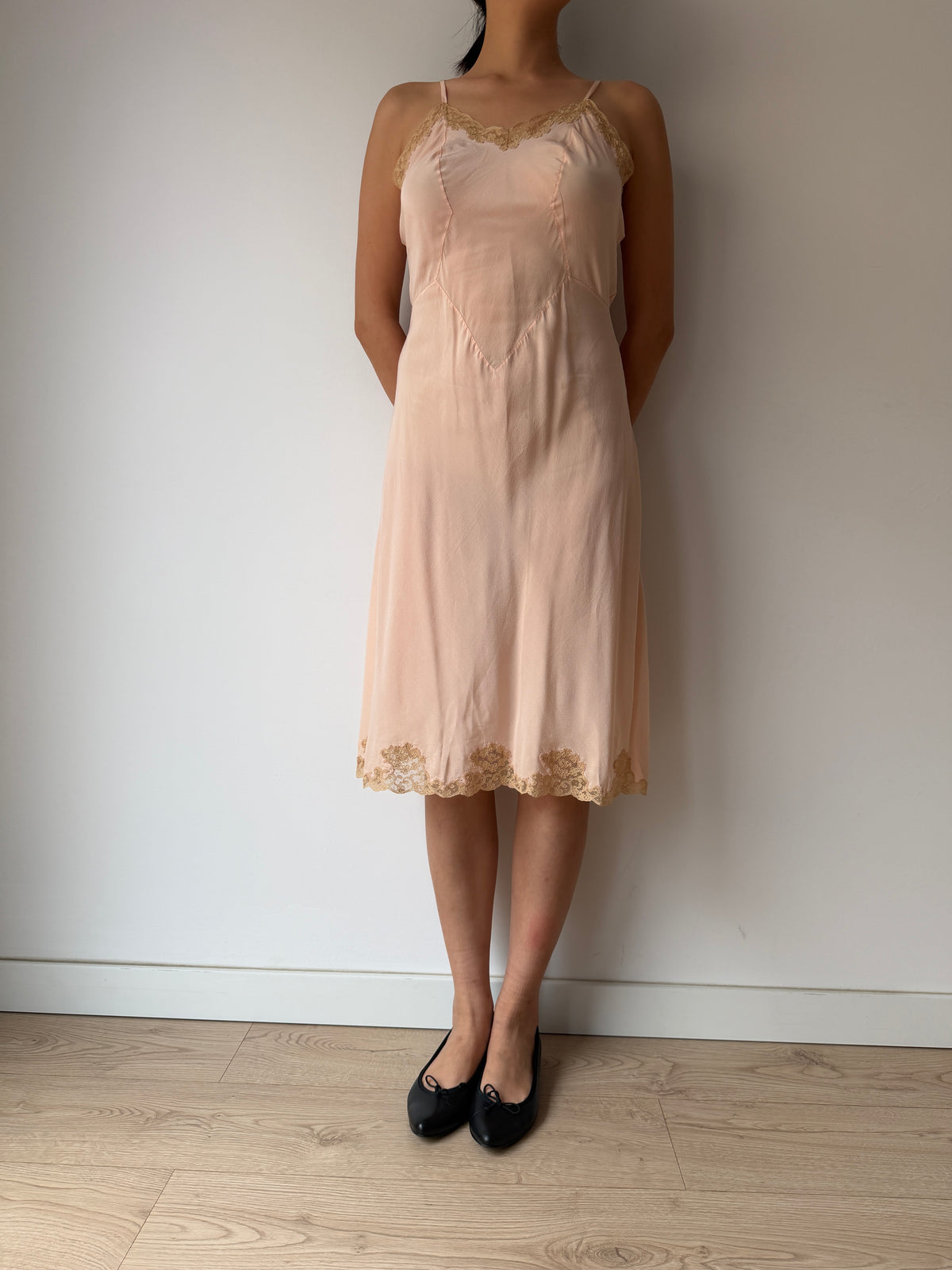 Vintage 1930s Pink Slip Dress with Floral Lace Trim, Midi Length