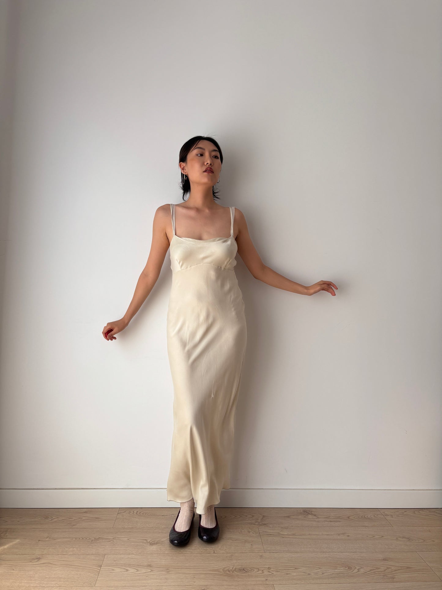 Vintage 90s Y2K liquid pure silk beige white bridal slip long maxi camisole dress
