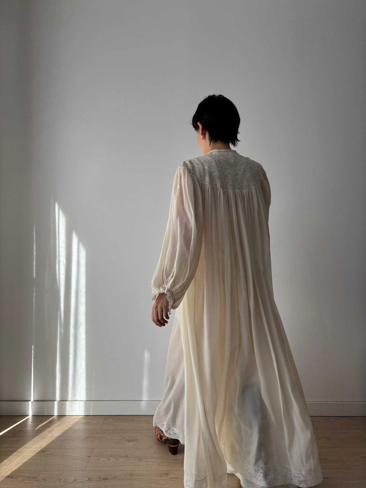 1930s Bridal Silk Chiffon Peignoir Set in White: French Lace Robe & Slip Lingerie Dress