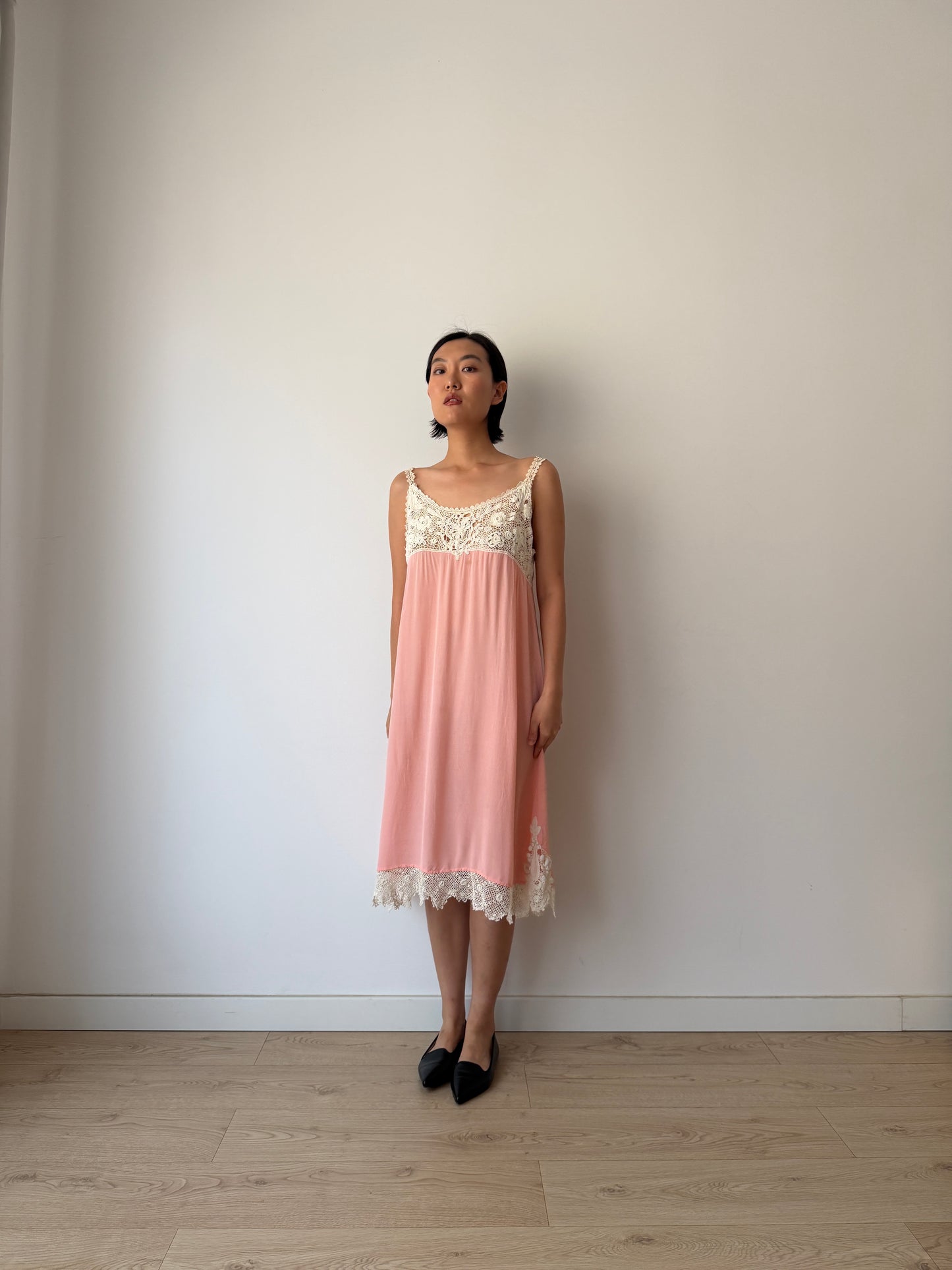 1920s Antique Pink French Crochet Lace Silk Slip Dress | Vintage Lace Nightgown | Mini Slip Dress | Romantic Bridal Lingerie