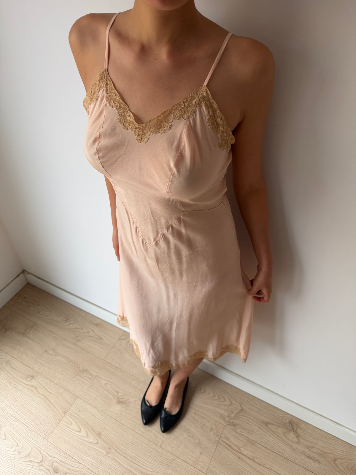 Vintage 1930s Pink Slip Dress with Floral Lace Trim, Midi Length