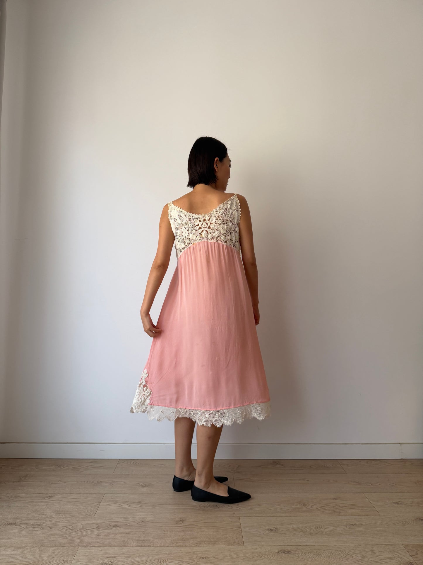 1920s Antique Pink French Crochet Lace Silk Slip Dress | Vintage Lace Nightgown | Mini Slip Dress | Romantic Bridal Lingerie