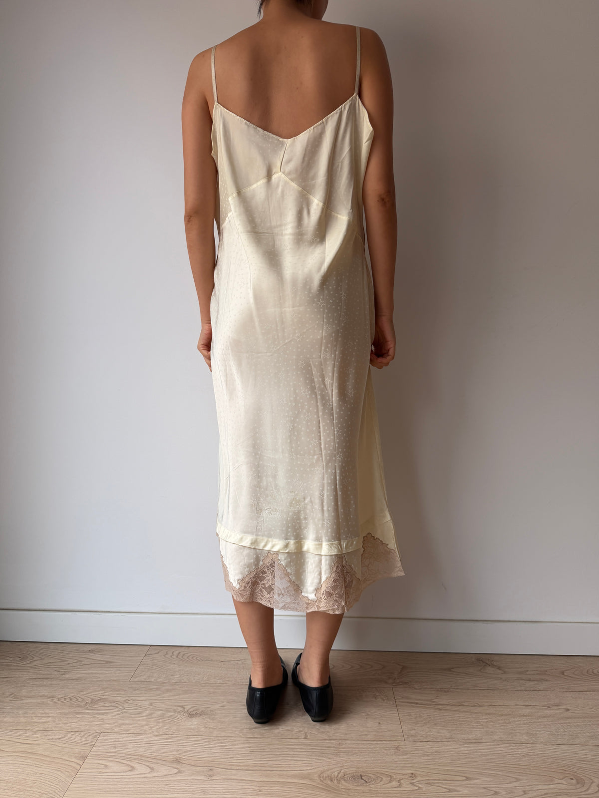 1950s Yellow Satin Slip Dress, Floral Lace Trim, Vintage Lingerie