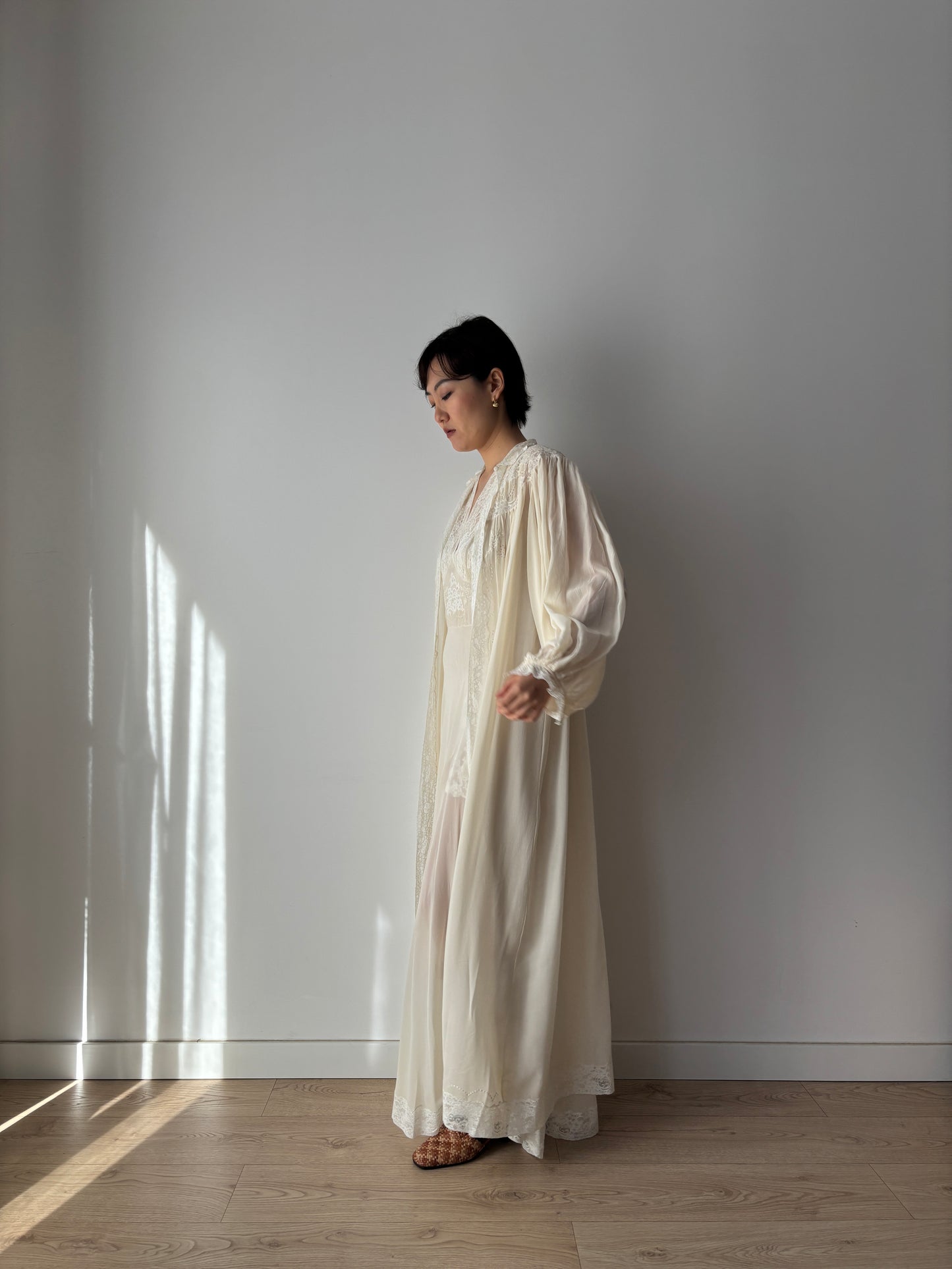 1930s Bridal Silk Chiffon Peignoir Set in White: French Lace Robe & Slip Lingerie Dress