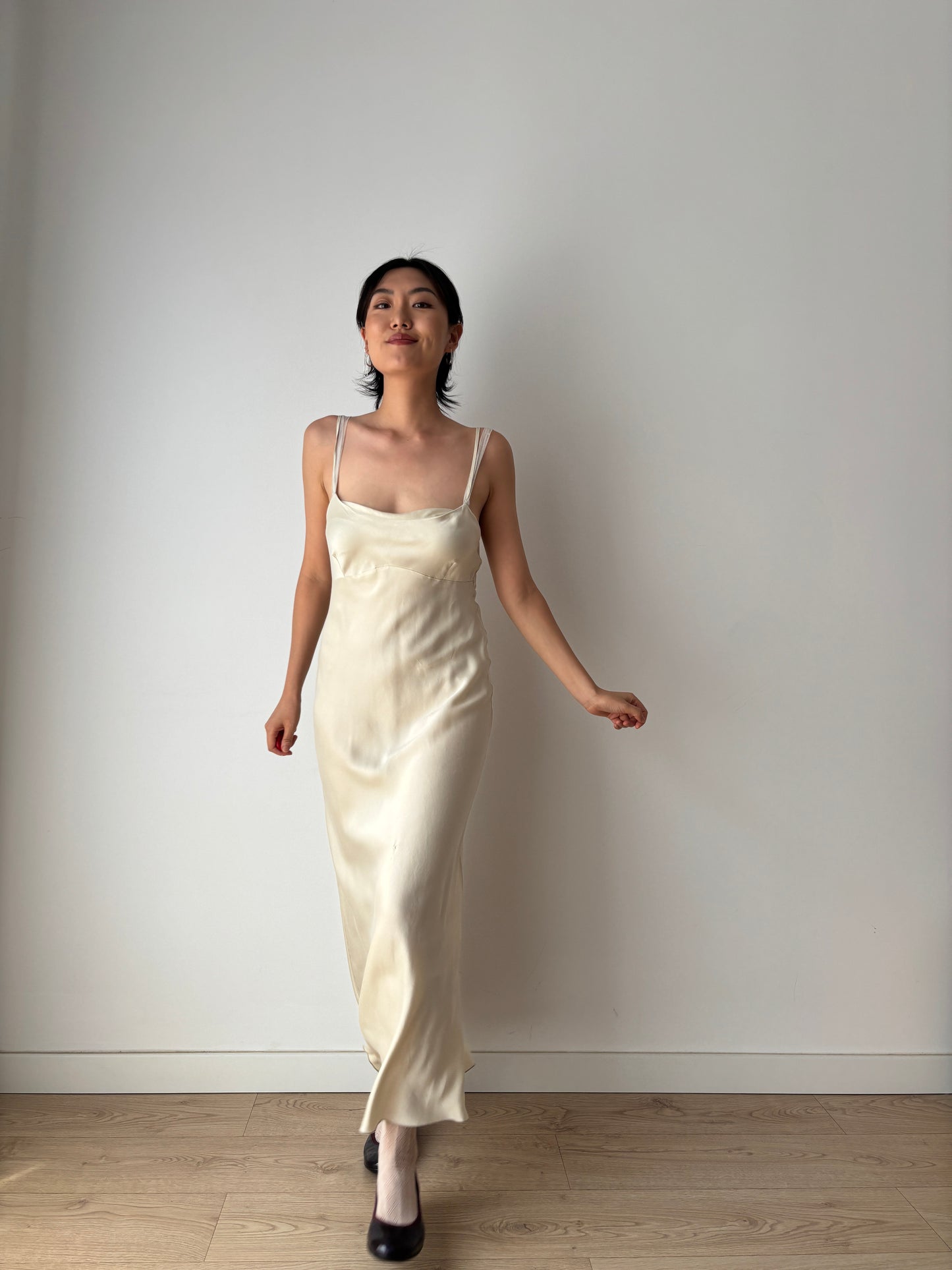 Vintage 90s Y2K liquid pure silk beige white bridal slip long maxi camisole dress