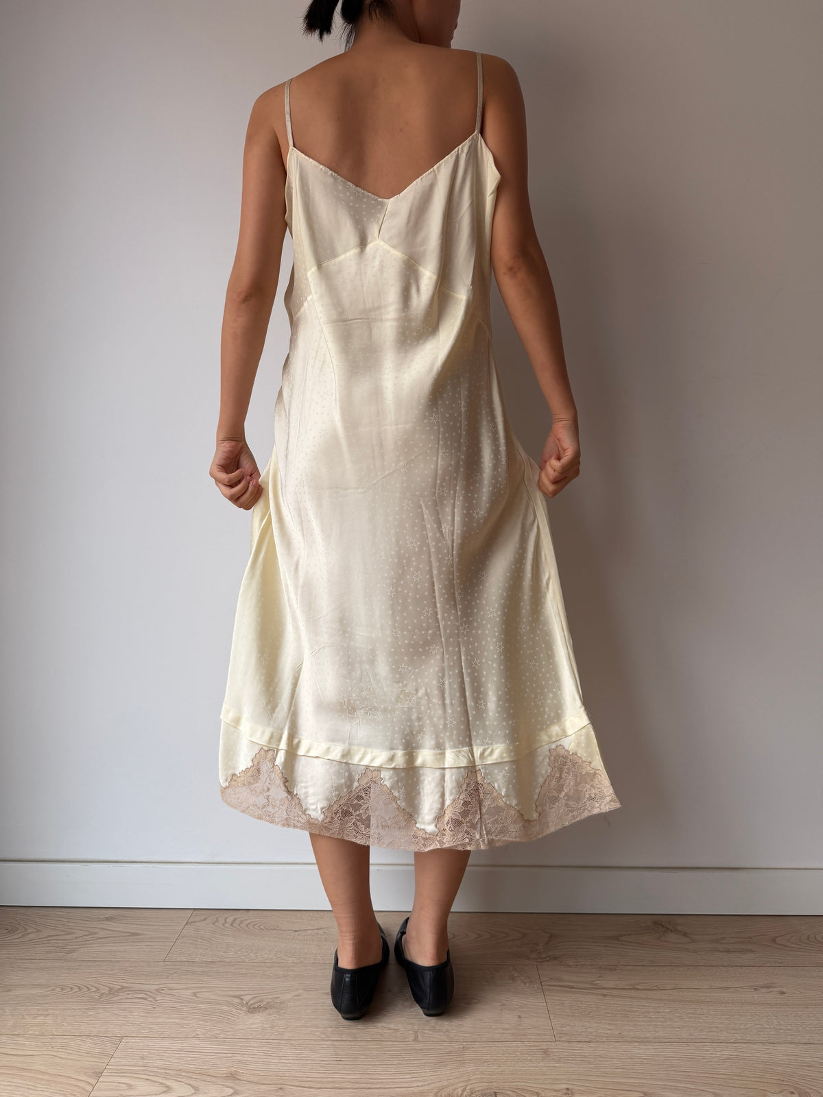 1950s Yellow Satin Slip Dress, Floral Lace Trim, Vintage Lingerie