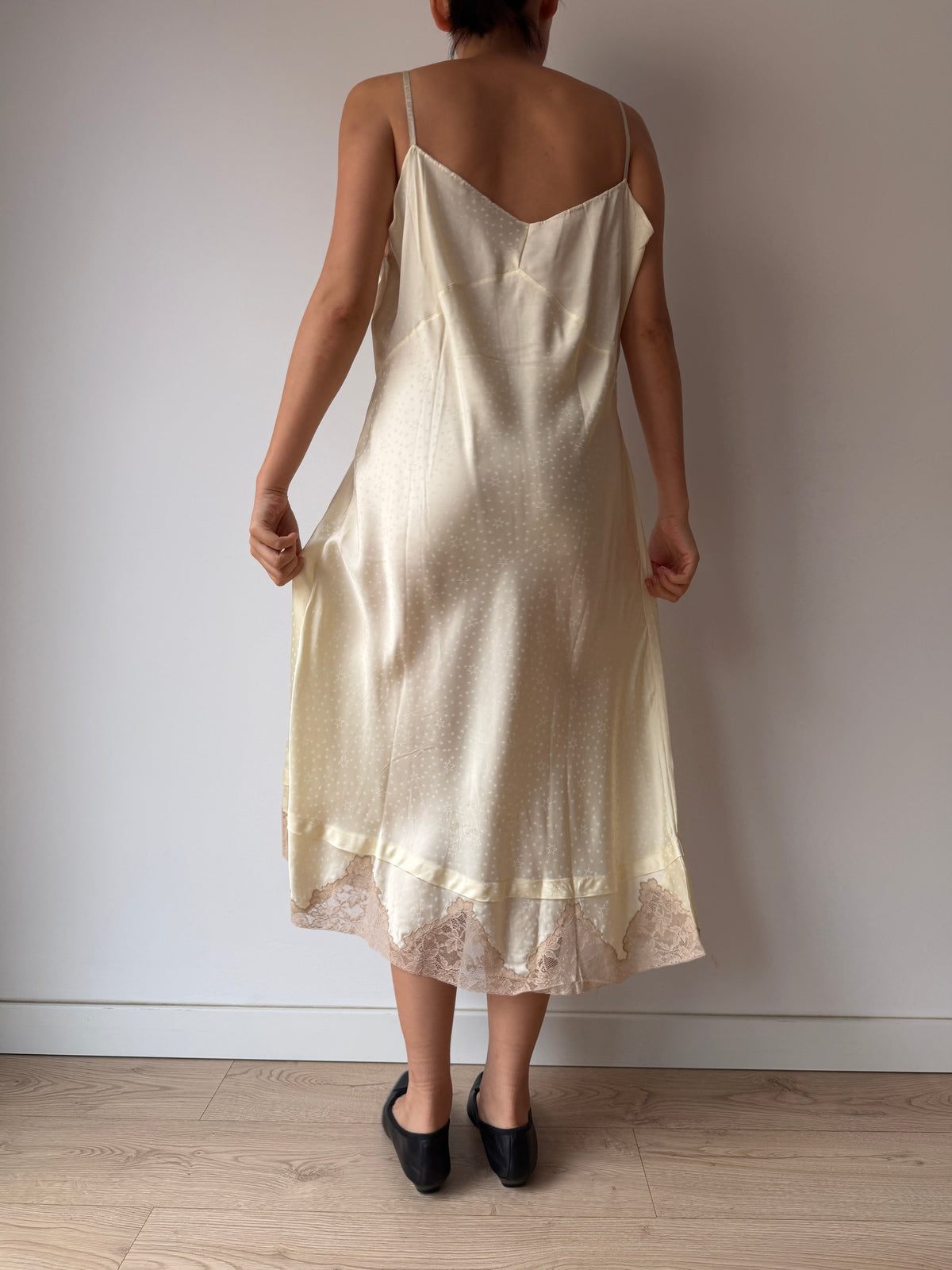 1950s Yellow Satin Slip Dress, Floral Lace Trim, Vintage Lingerie