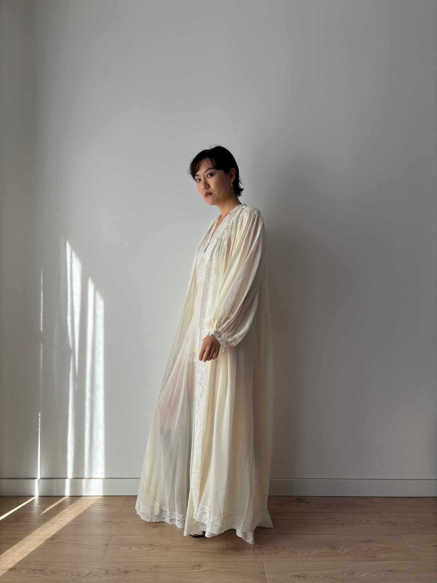 1930s Bridal Silk Chiffon Peignoir Set in White: French Lace Robe & Slip Lingerie Dress