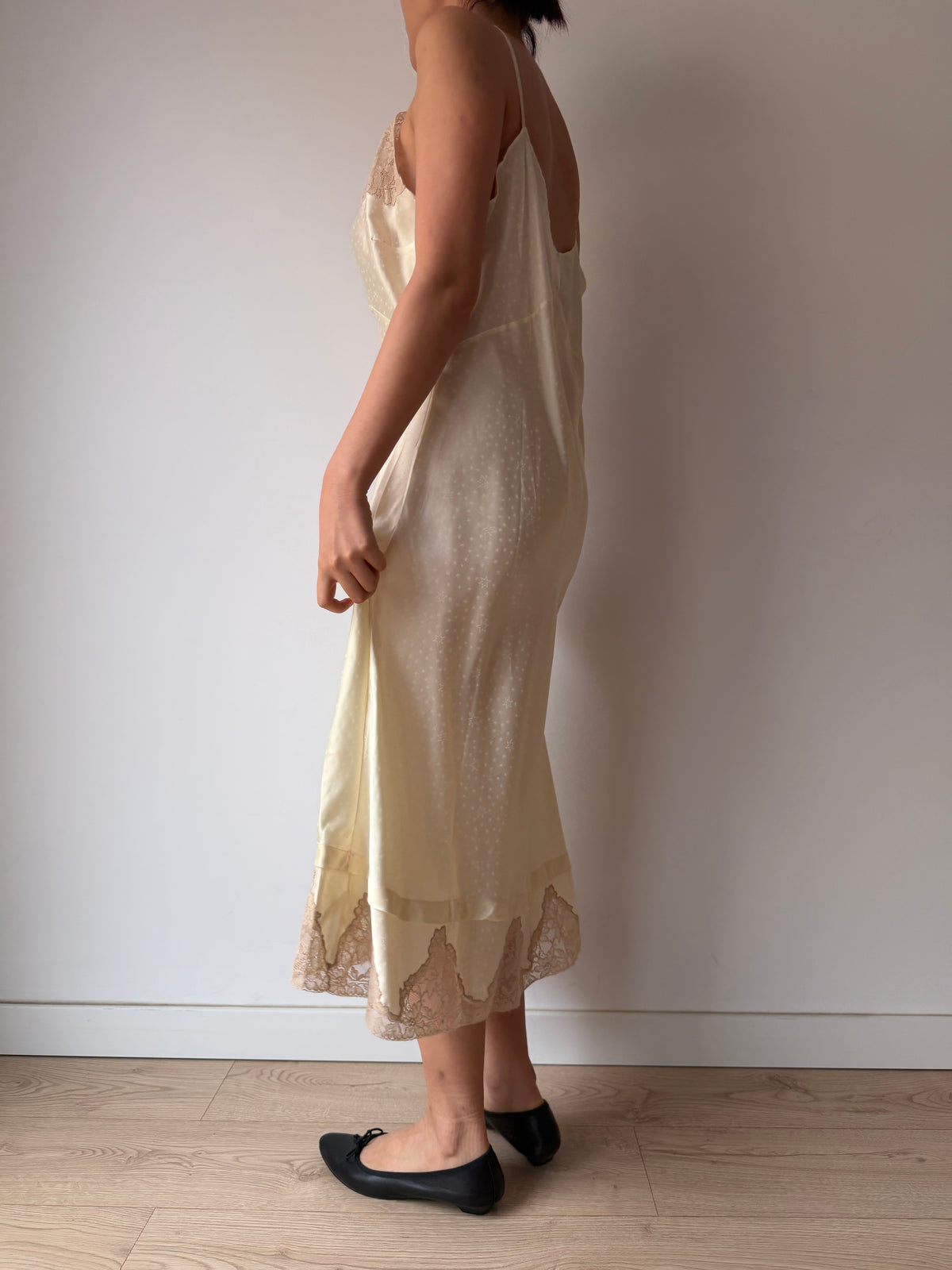 1950s Yellow Satin Slip Dress, Floral Lace Trim, Vintage Lingerie