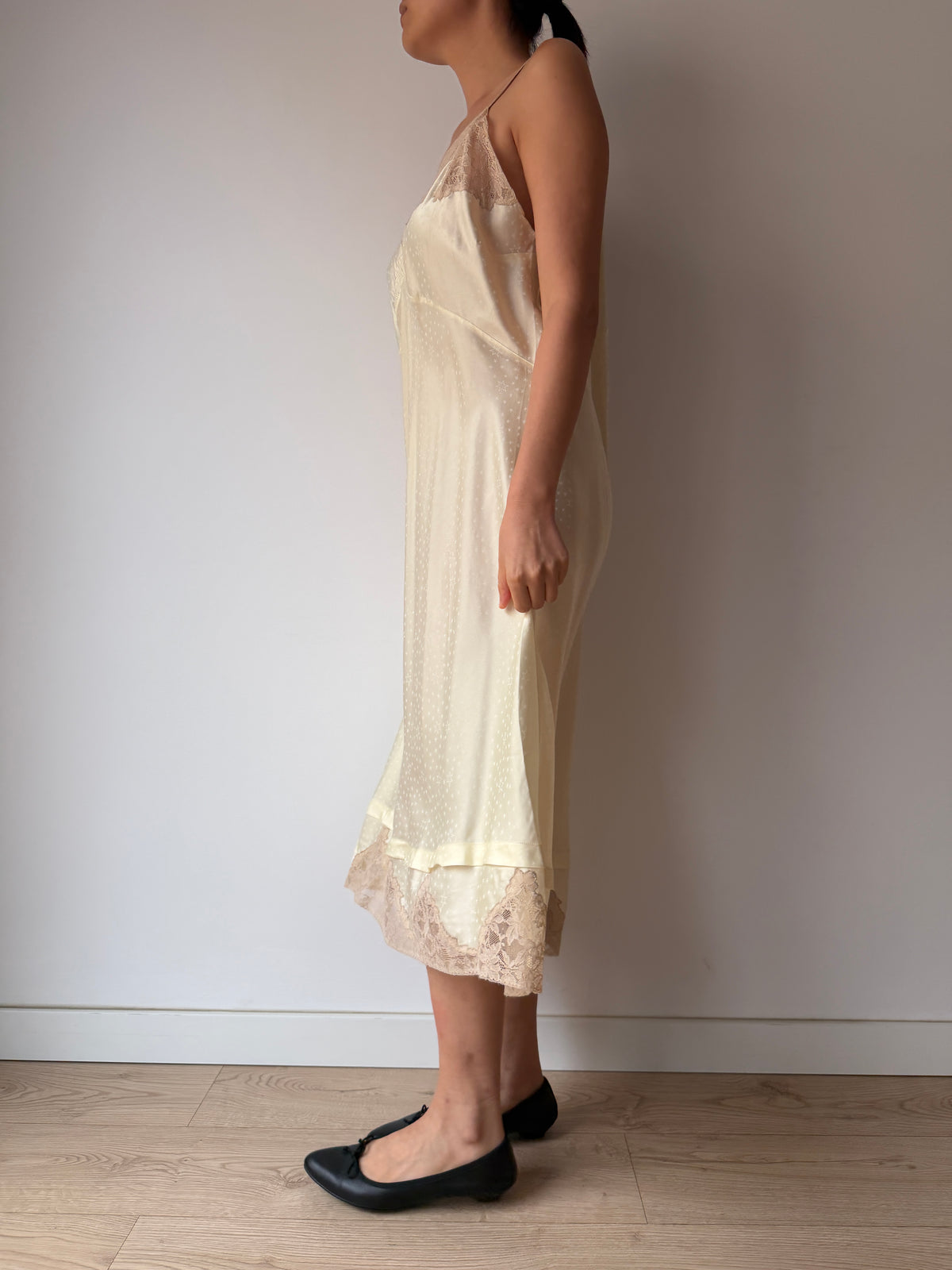1950s Yellow Satin Slip Dress, Floral Lace Trim, Vintage Lingerie