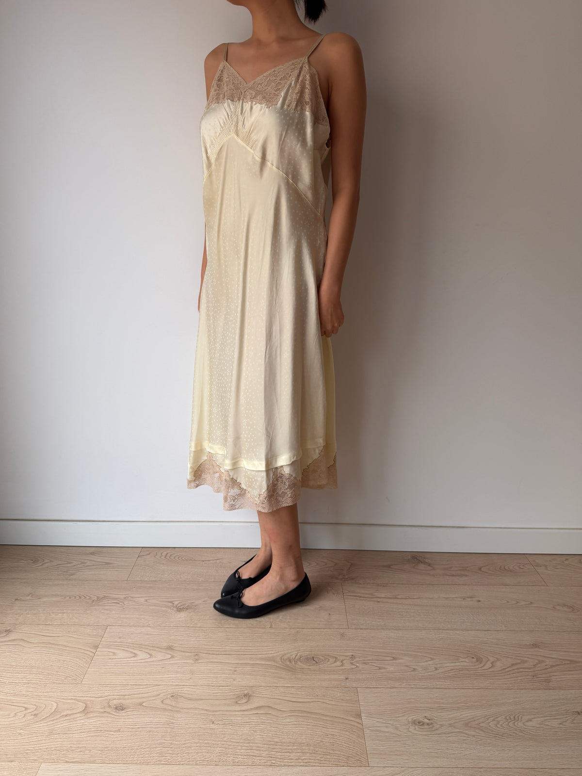 1950s Yellow Satin Slip Dress, Floral Lace Trim, Vintage Lingerie