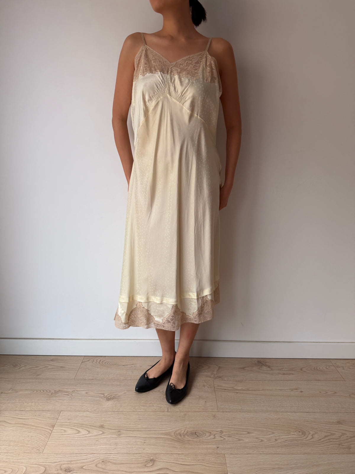 1950s Yellow Satin Slip Dress, Floral Lace Trim, Vintage Lingerie