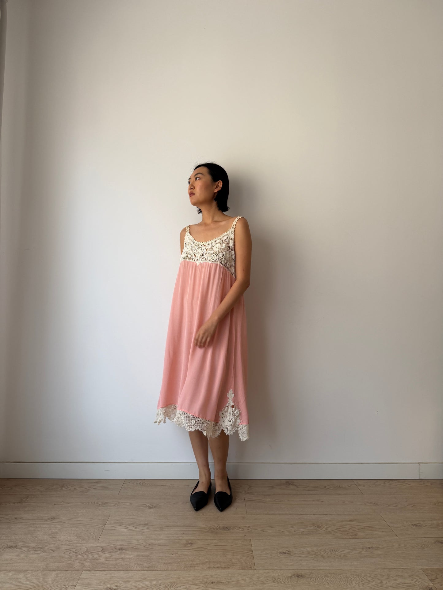 1920s Antique Pink French Crochet Lace Silk Slip Dress | Vintage Lace Nightgown | Mini Slip Dress | Romantic Bridal Lingerie