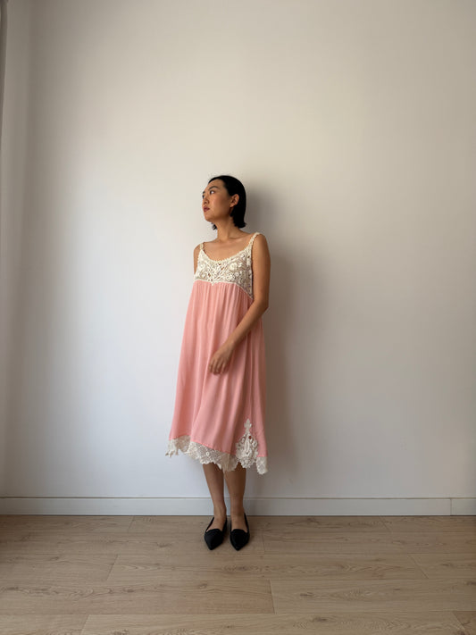 1920s Antique Pink French Crochet Lace Silk Slip Dress | Vintage Lace Nightgown | Mini Slip Dress | Romantic Bridal Lingerie