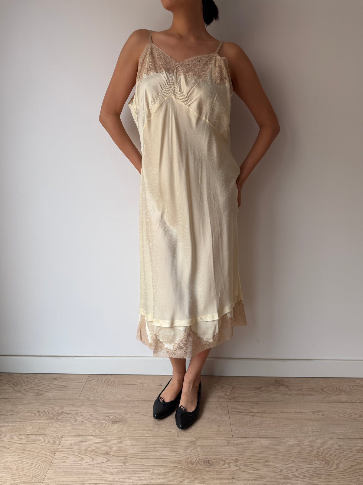 1950s Yellow Satin Slip Dress, Floral Lace Trim, Vintage Lingerie
