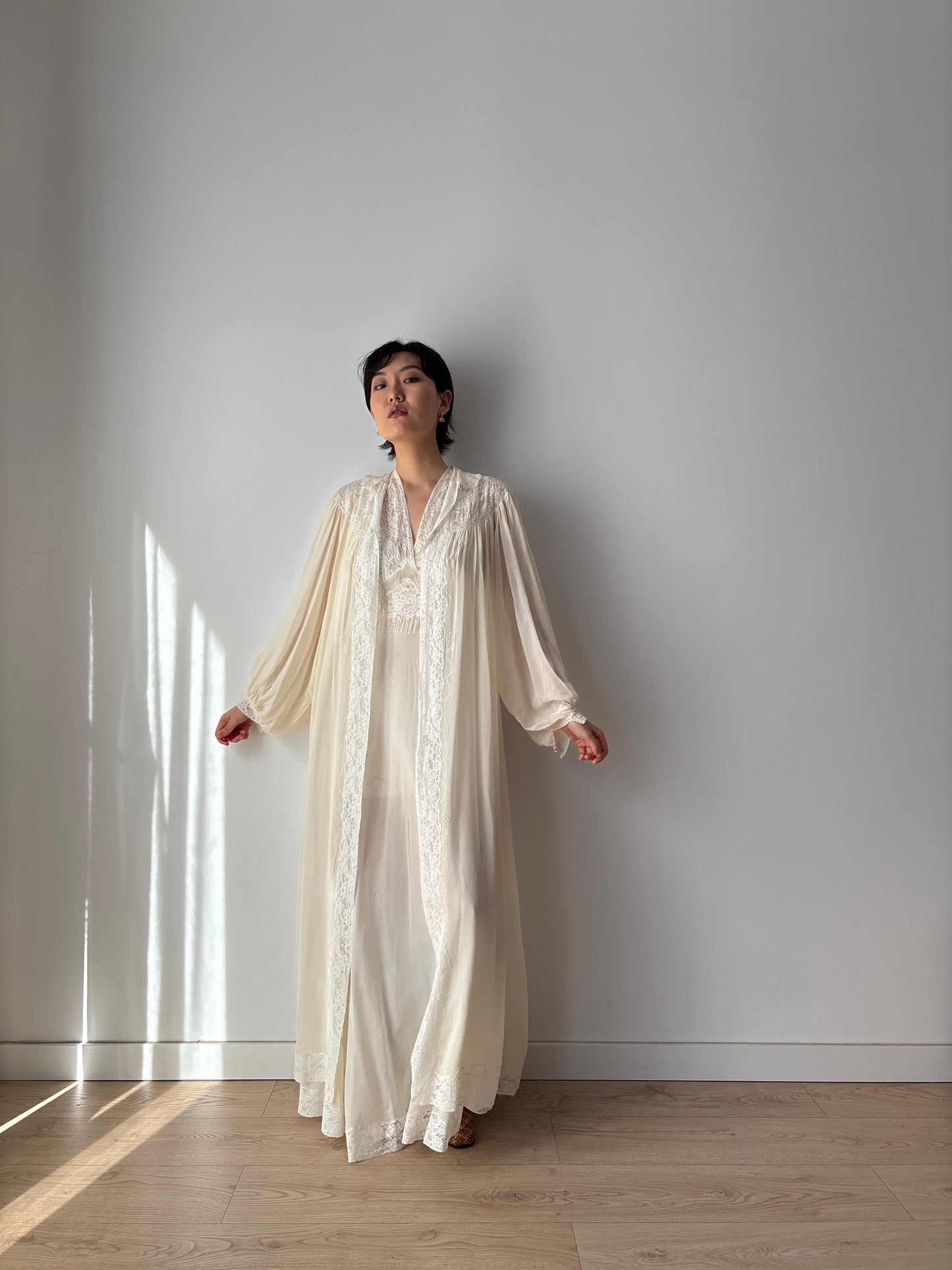 1930s Bridal Silk Chiffon Peignoir Set in White: French Lace Robe & Slip Lingerie Dress