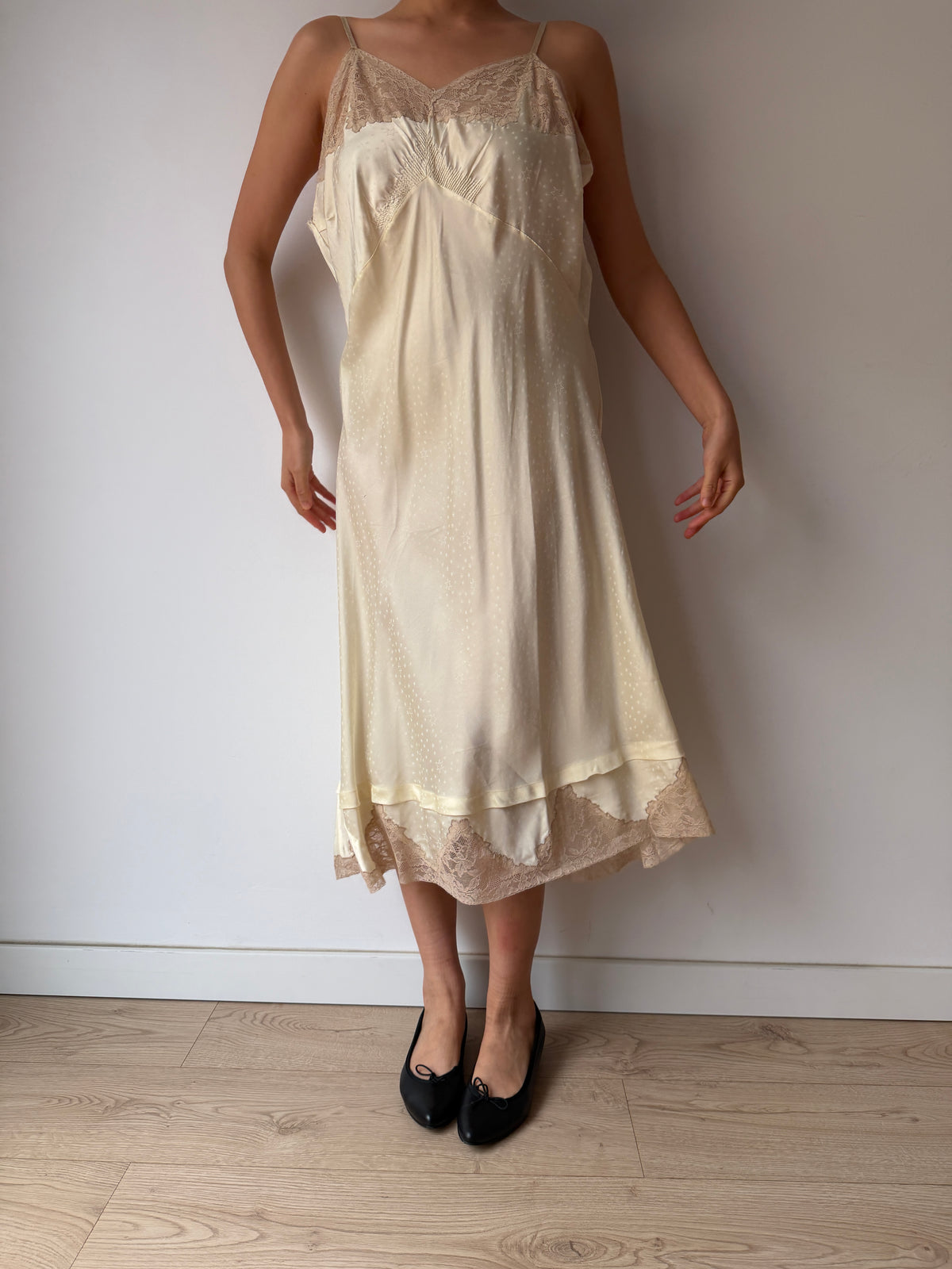 1950s Yellow Satin Slip Dress, Floral Lace Trim, Vintage Lingerie