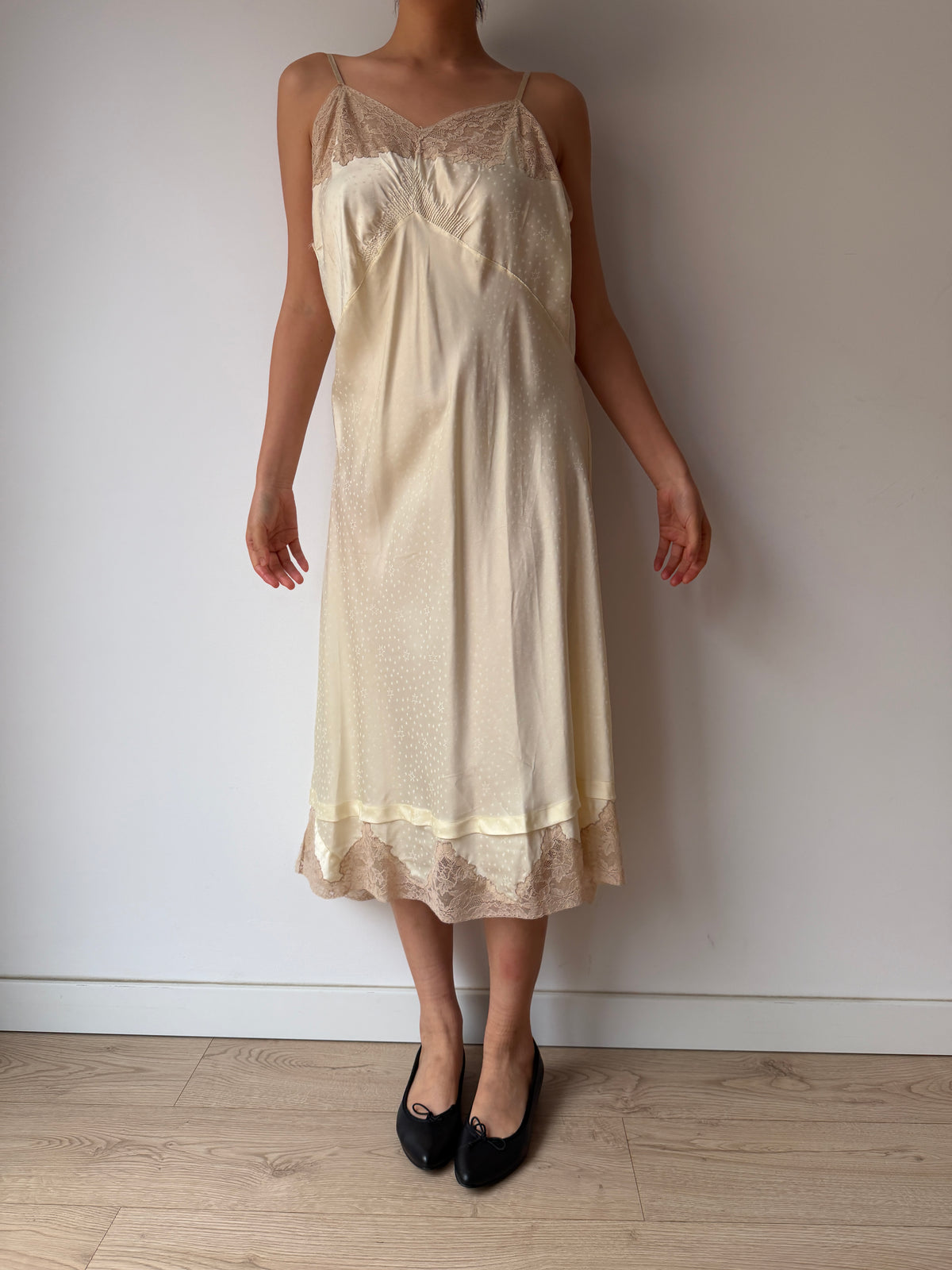 1950s Yellow Satin Slip Dress, Floral Lace Trim, Vintage Lingerie