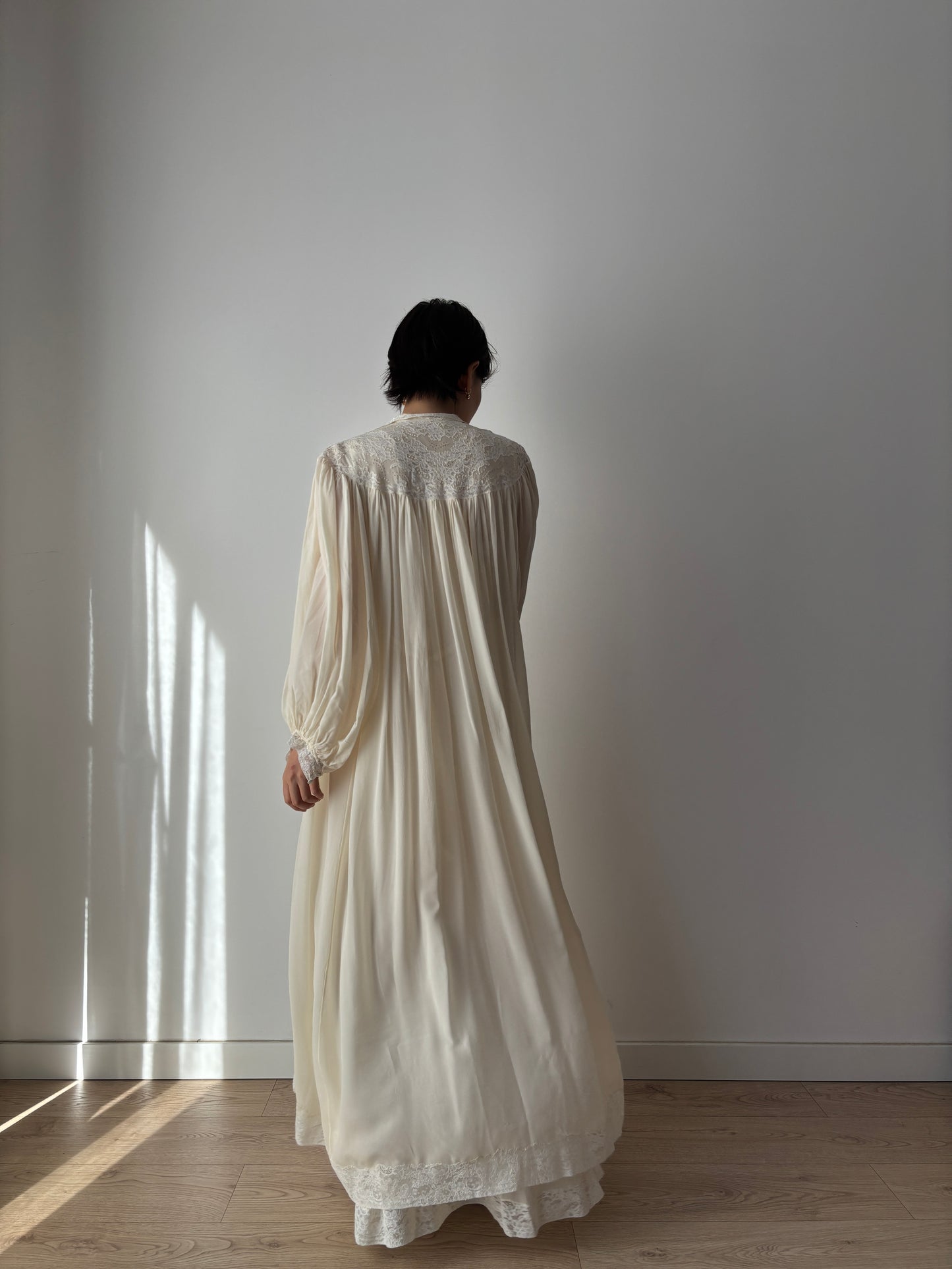 1930s Bridal Silk Chiffon Peignoir Set in White: French Lace Robe & Slip Lingerie Dress