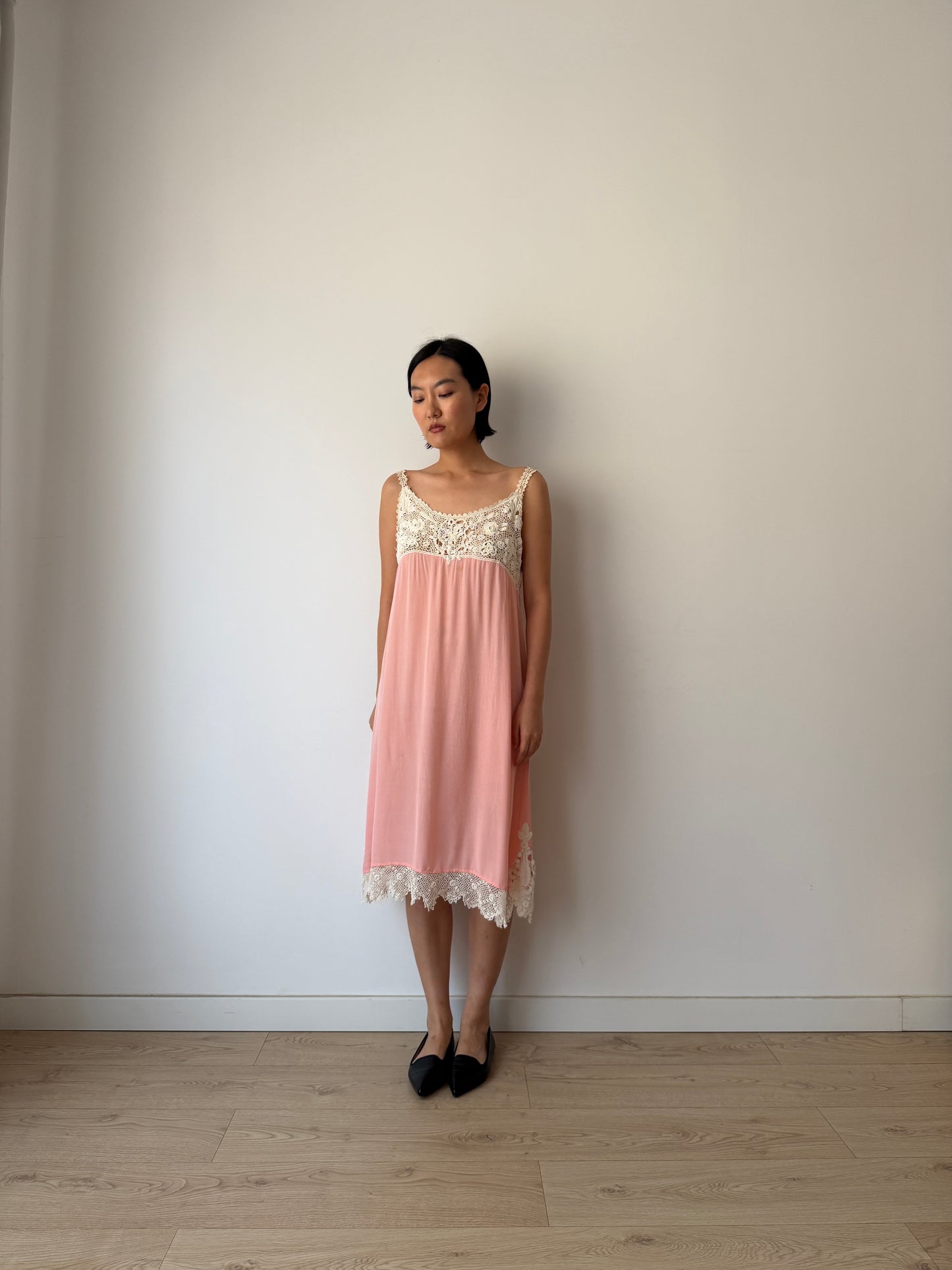 1920s Antique Pink French Crochet Lace Silk Slip Dress | Vintage Lace Nightgown | Mini Slip Dress | Romantic Bridal Lingerie