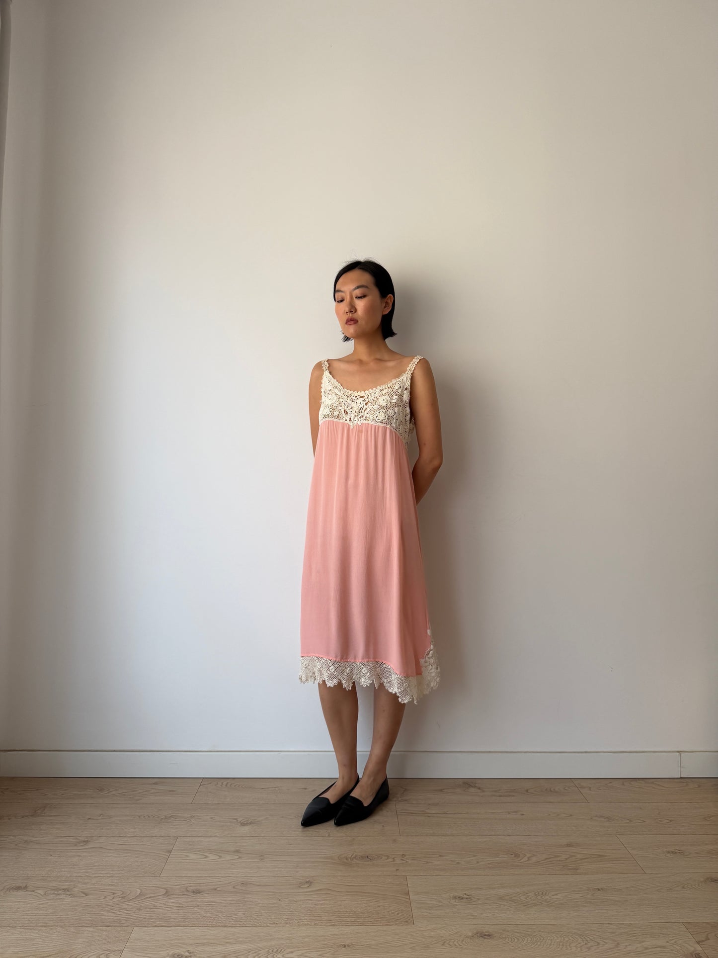 1920s Antique Pink French Crochet Lace Silk Slip Dress | Vintage Lace Nightgown | Mini Slip Dress | Romantic Bridal Lingerie