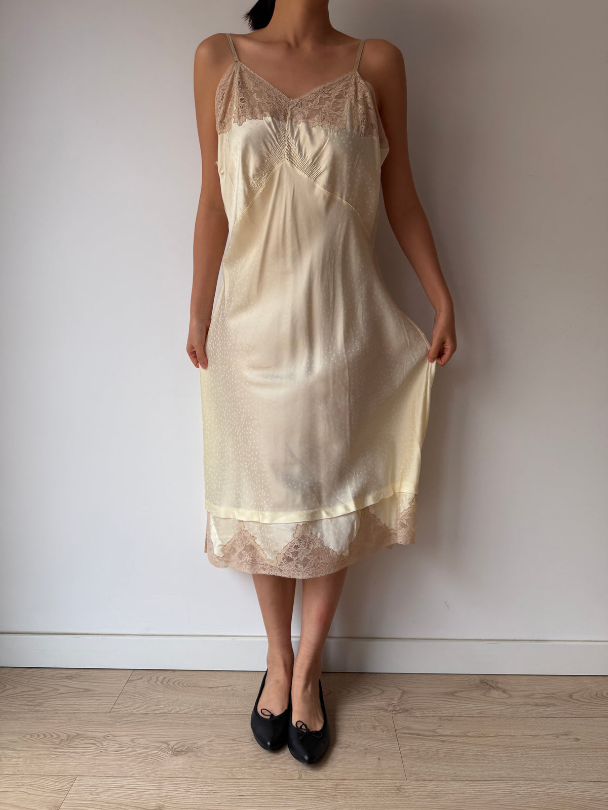 1950s Yellow Satin Slip Dress, Floral Lace Trim, Vintage Lingerie