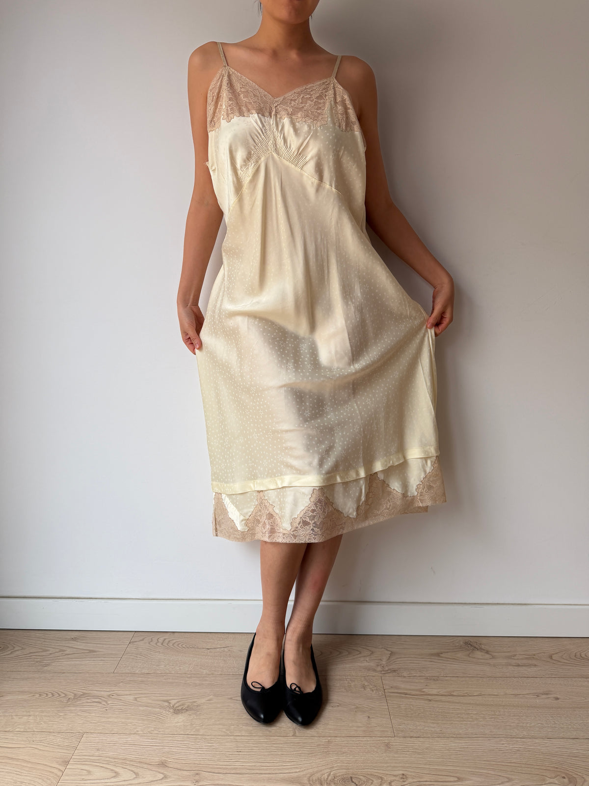1950s Yellow Satin Slip Dress, Floral Lace Trim, Vintage Lingerie