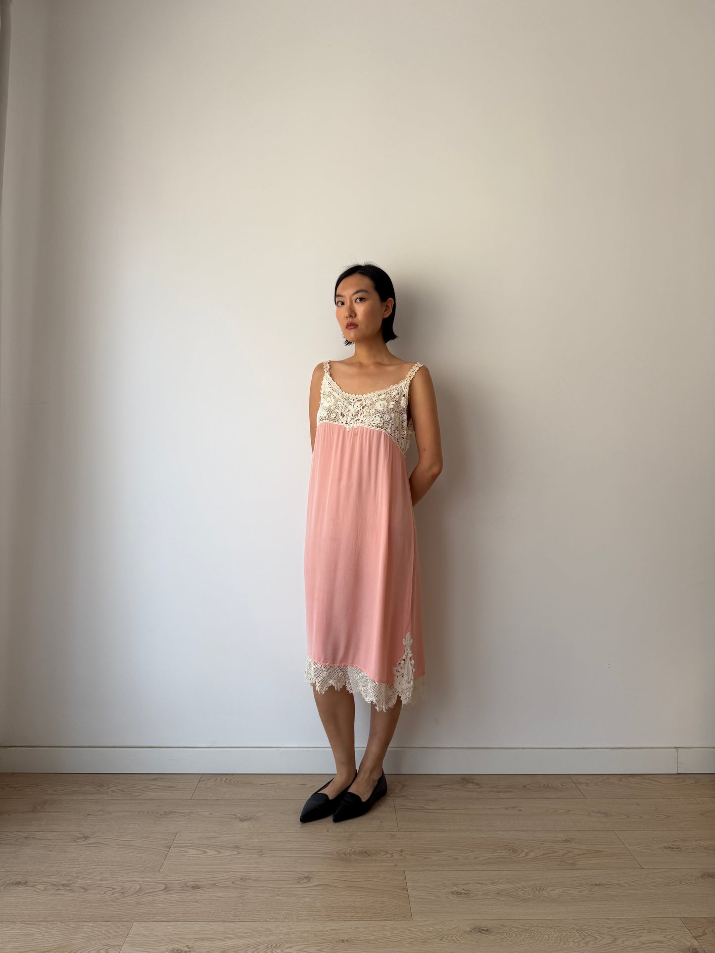 1920s Antique Pink French Crochet Lace Silk Slip Dress | Vintage Lace Nightgown | Mini Slip Dress | Romantic Bridal Lingerie