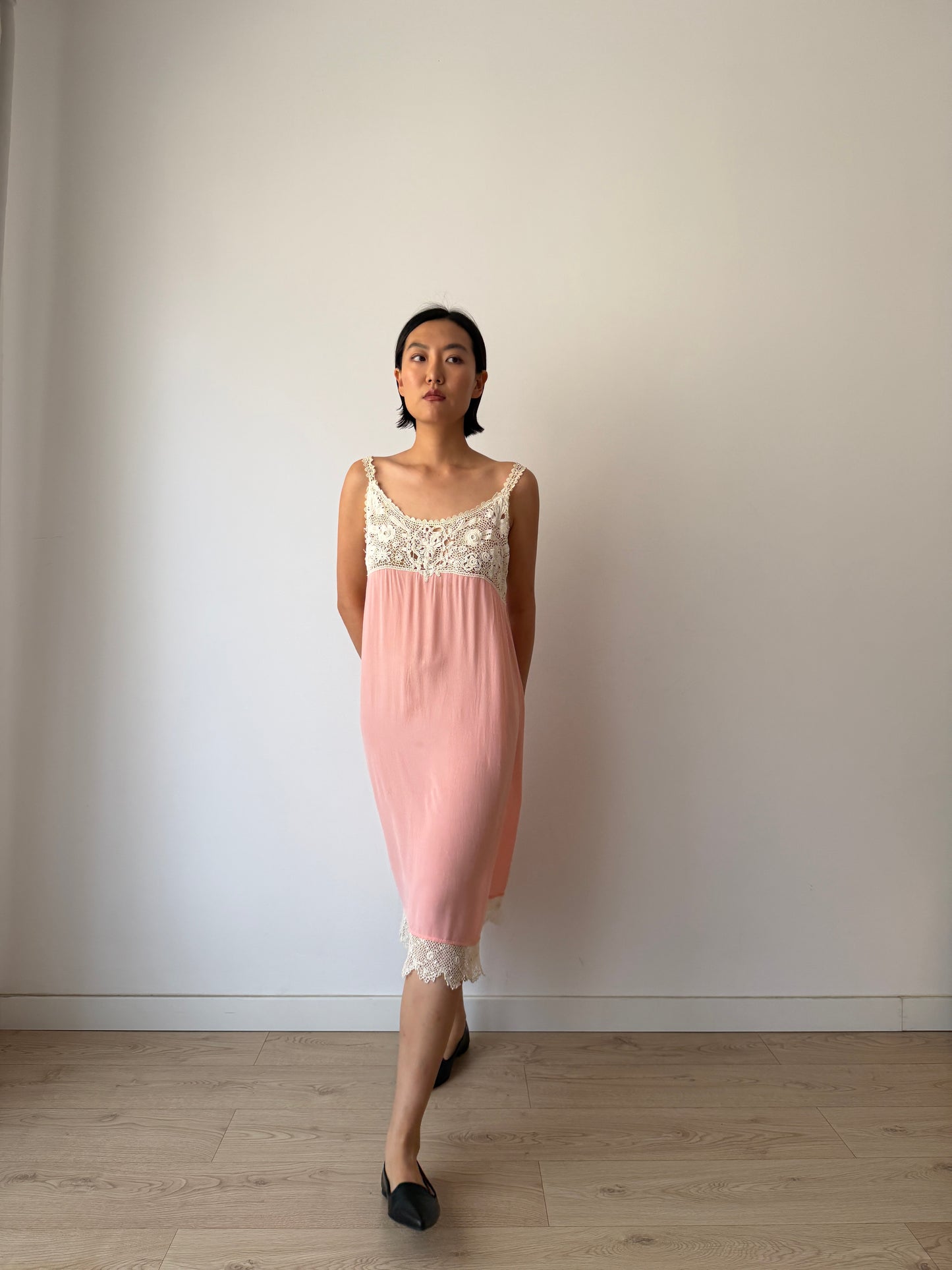 1920s Antique Pink French Crochet Lace Silk Slip Dress | Vintage Lace Nightgown | Mini Slip Dress | Romantic Bridal Lingerie