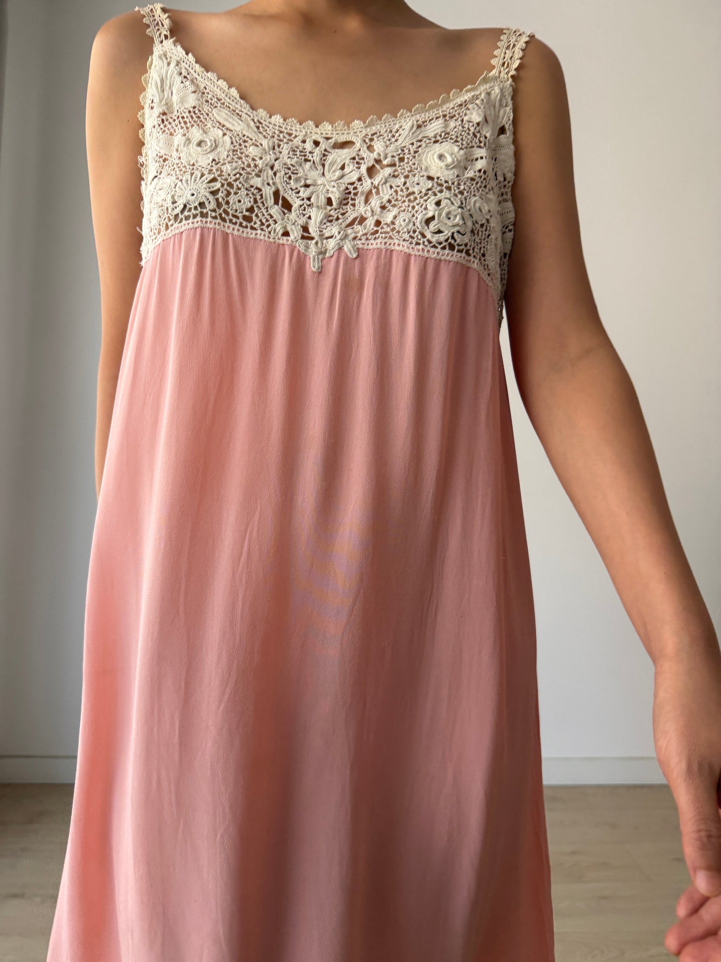 1920s Antique Pink French Crochet Lace Silk Slip Dress | Vintage Lace Nightgown | Mini Slip Dress | Romantic Bridal Lingerie