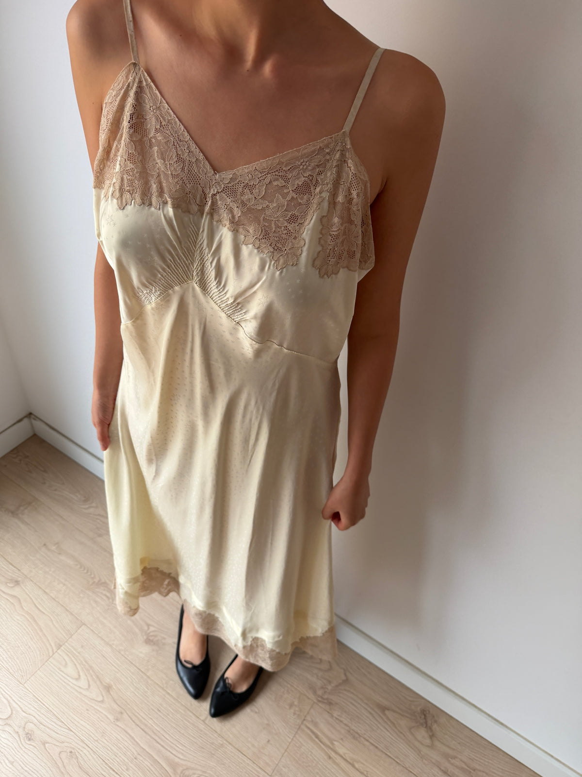 1950s Yellow Satin Slip Dress, Floral Lace Trim, Vintage Lingerie