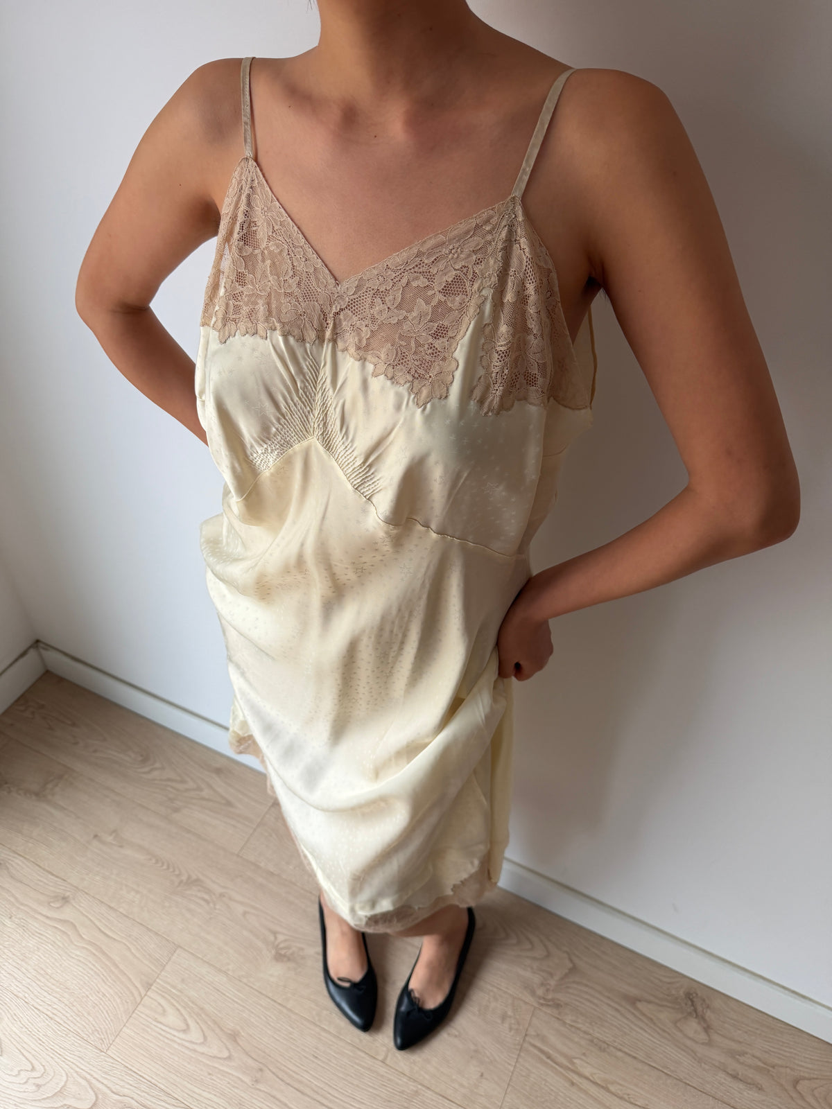 1950s Yellow Satin Slip Dress, Floral Lace Trim, Vintage Lingerie