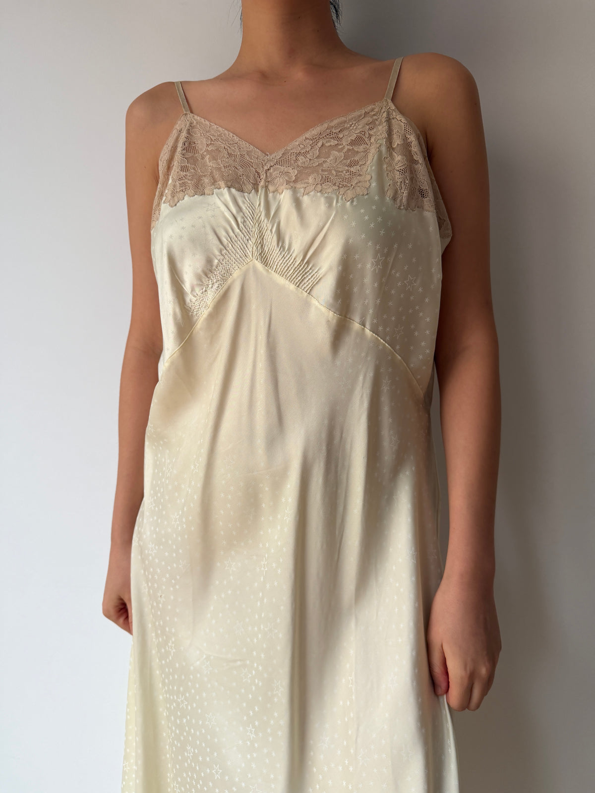 1950s Yellow Satin Slip Dress, Floral Lace Trim, Vintage Lingerie