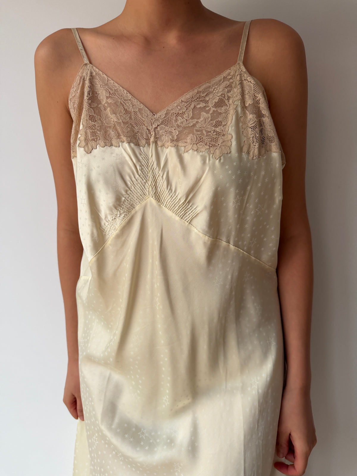 1950s Yellow Satin Slip Dress, Floral Lace Trim, Vintage Lingerie