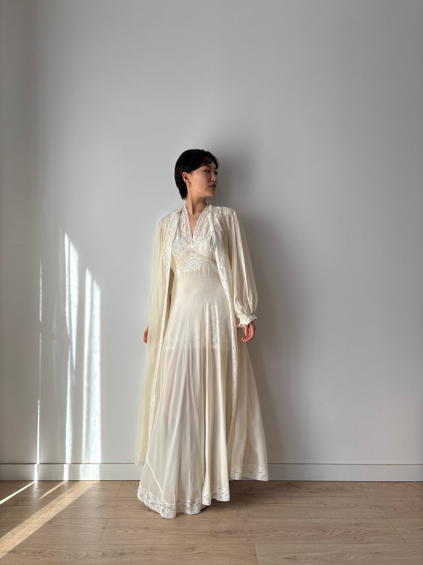 1930s Bridal Silk Chiffon Peignoir Set in White: French Lace Robe & Slip Lingerie Dress