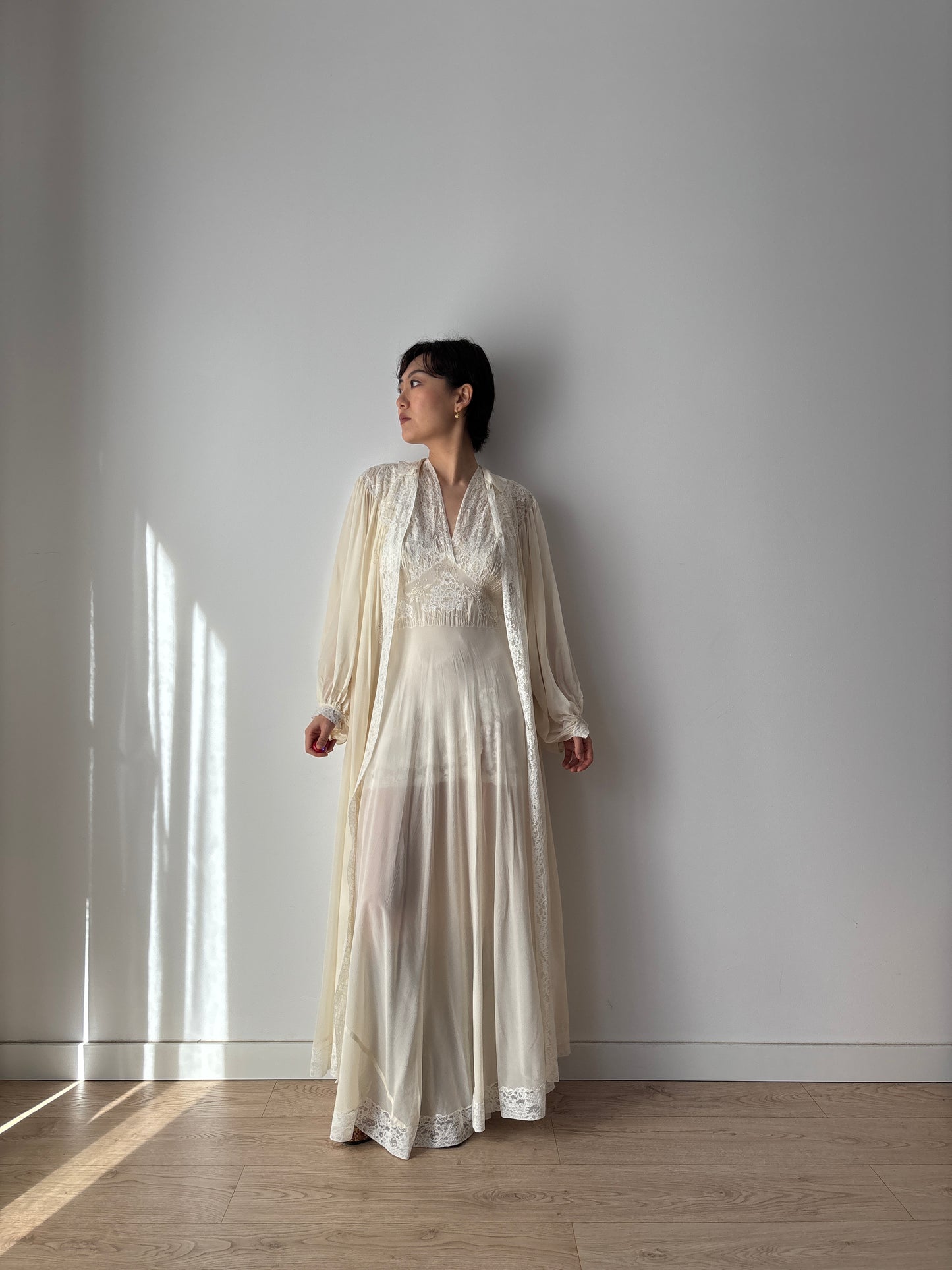 1930s Bridal Silk Chiffon Peignoir Set in White: French Lace Robe & Slip Lingerie Dress