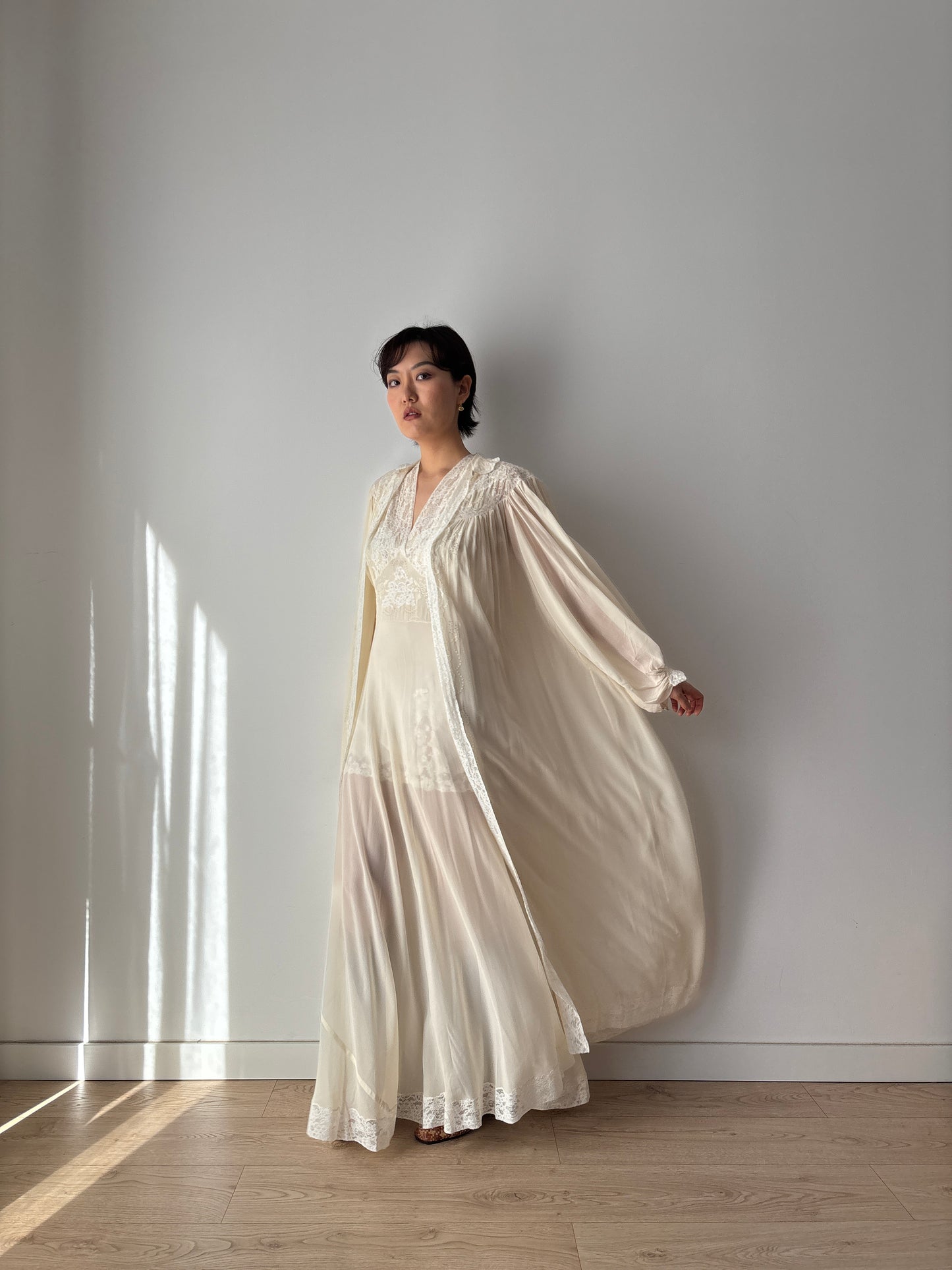 1930s Bridal Silk Chiffon Peignoir Set in White: French Lace Robe & Slip Lingerie Dress