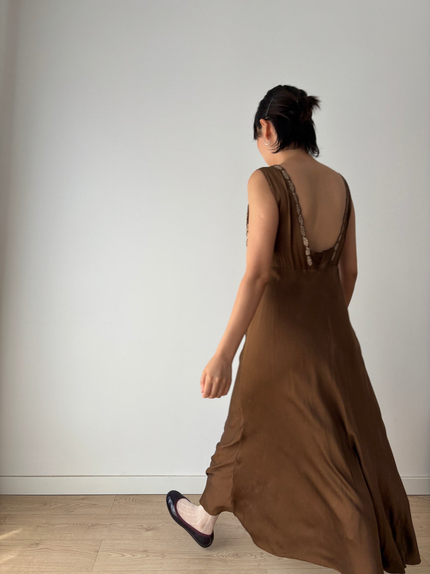 1960s Vintage 100% Silk Brown Floral Embroidered Long Slip Maxi dress