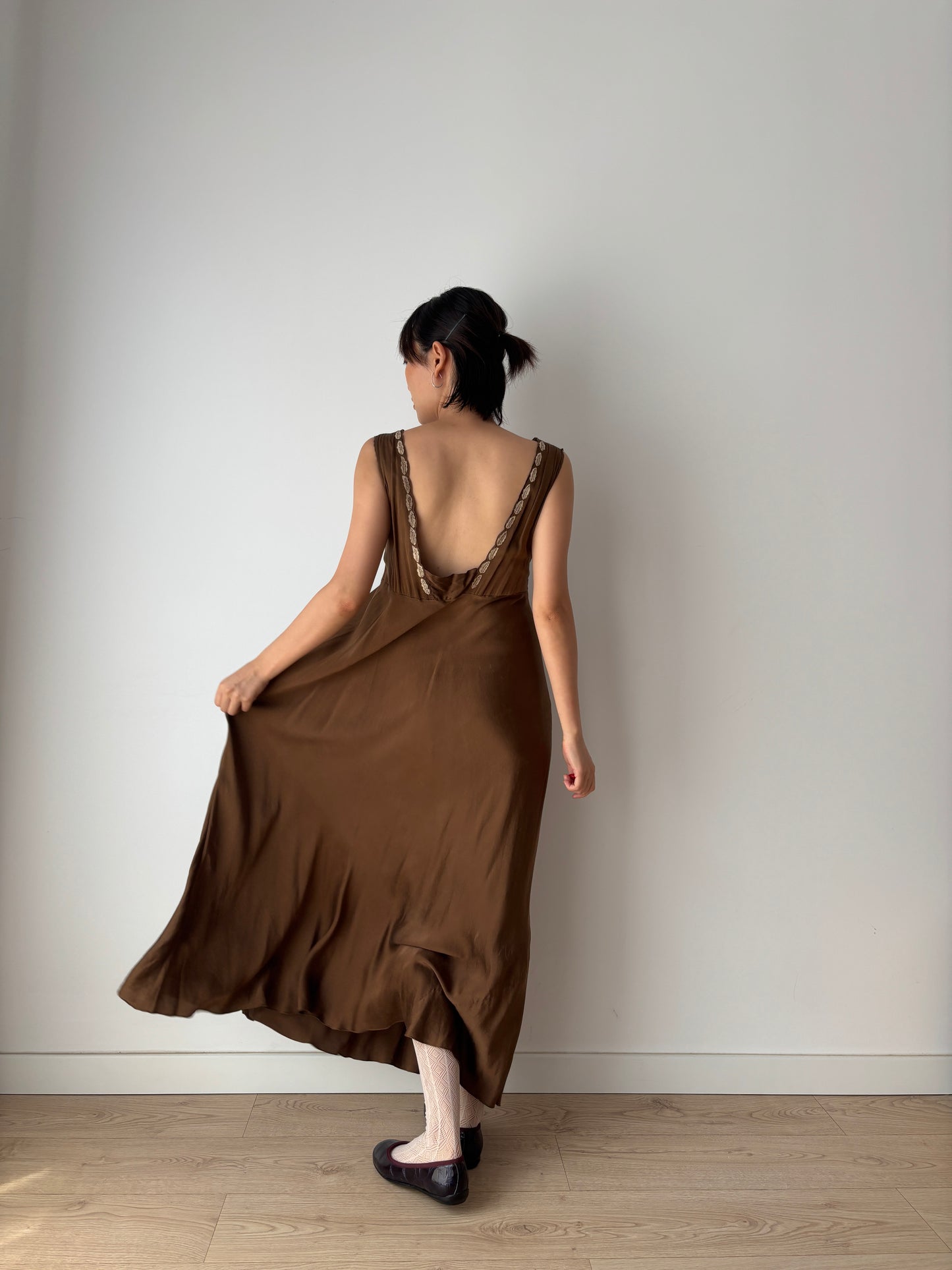 1960s Vintage 100% Silk Brown Floral Embroidered Long Slip Maxi dress