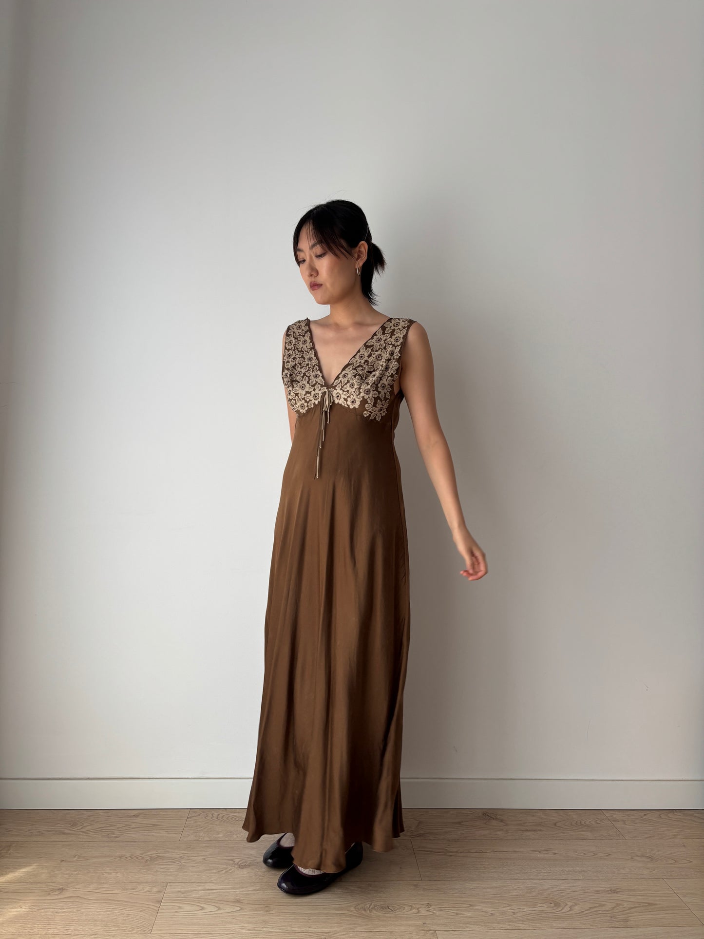 1960s Vintage 100% Silk Brown Floral Embroidered Long Slip Maxi dress