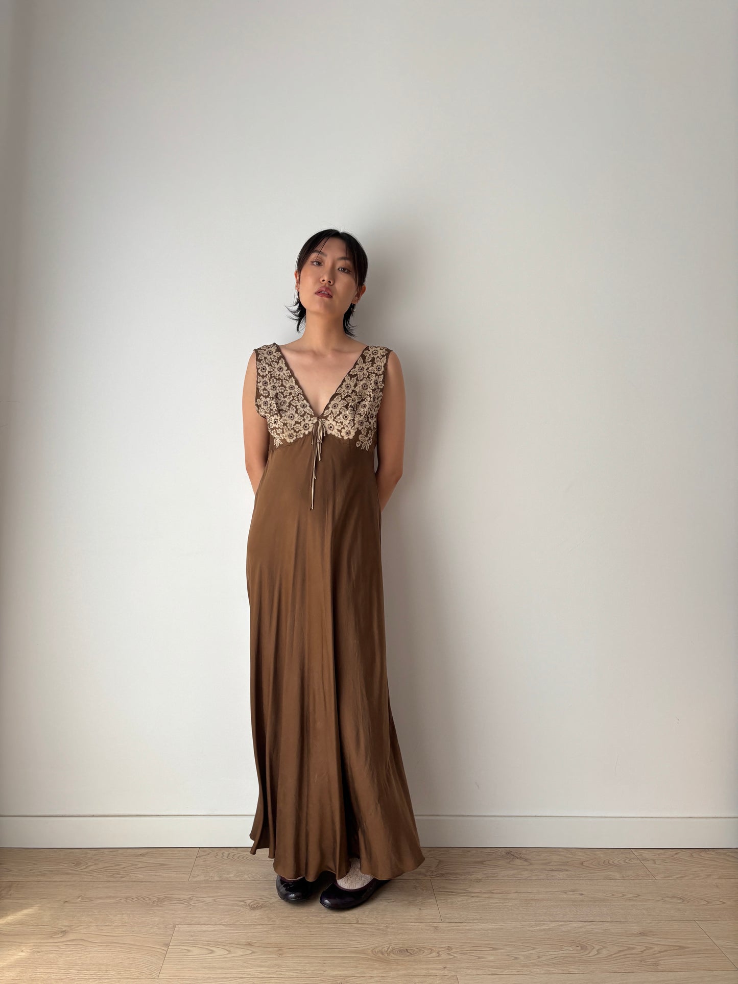 1960s Vintage 100% Silk Brown Floral Embroidered Long Slip Maxi dress