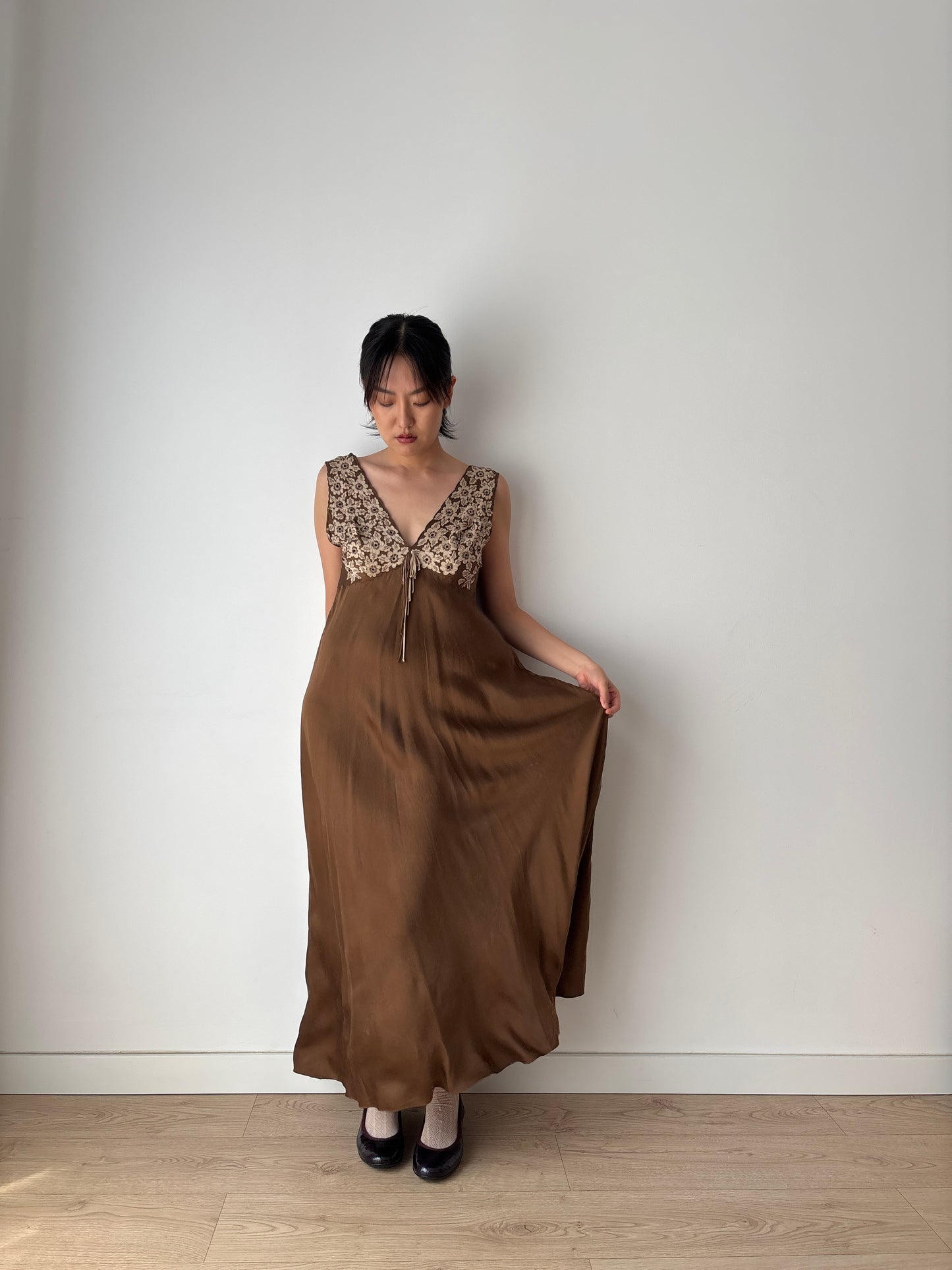 1960s Vintage 100% Silk Brown Floral Embroidered Long Slip Maxi dress