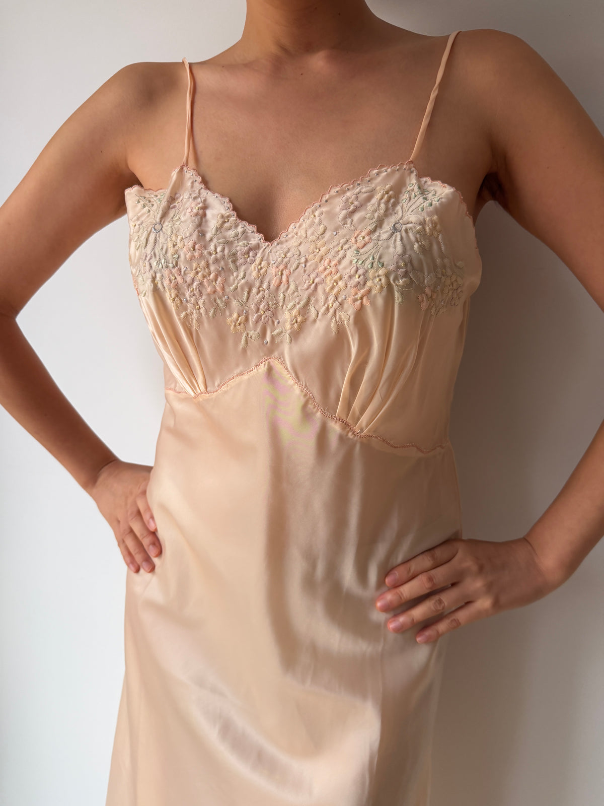 1950s–1960s Peach Pink Nylon Slip Dress, Pastel Floral Embroidery, Vintage Lingerie