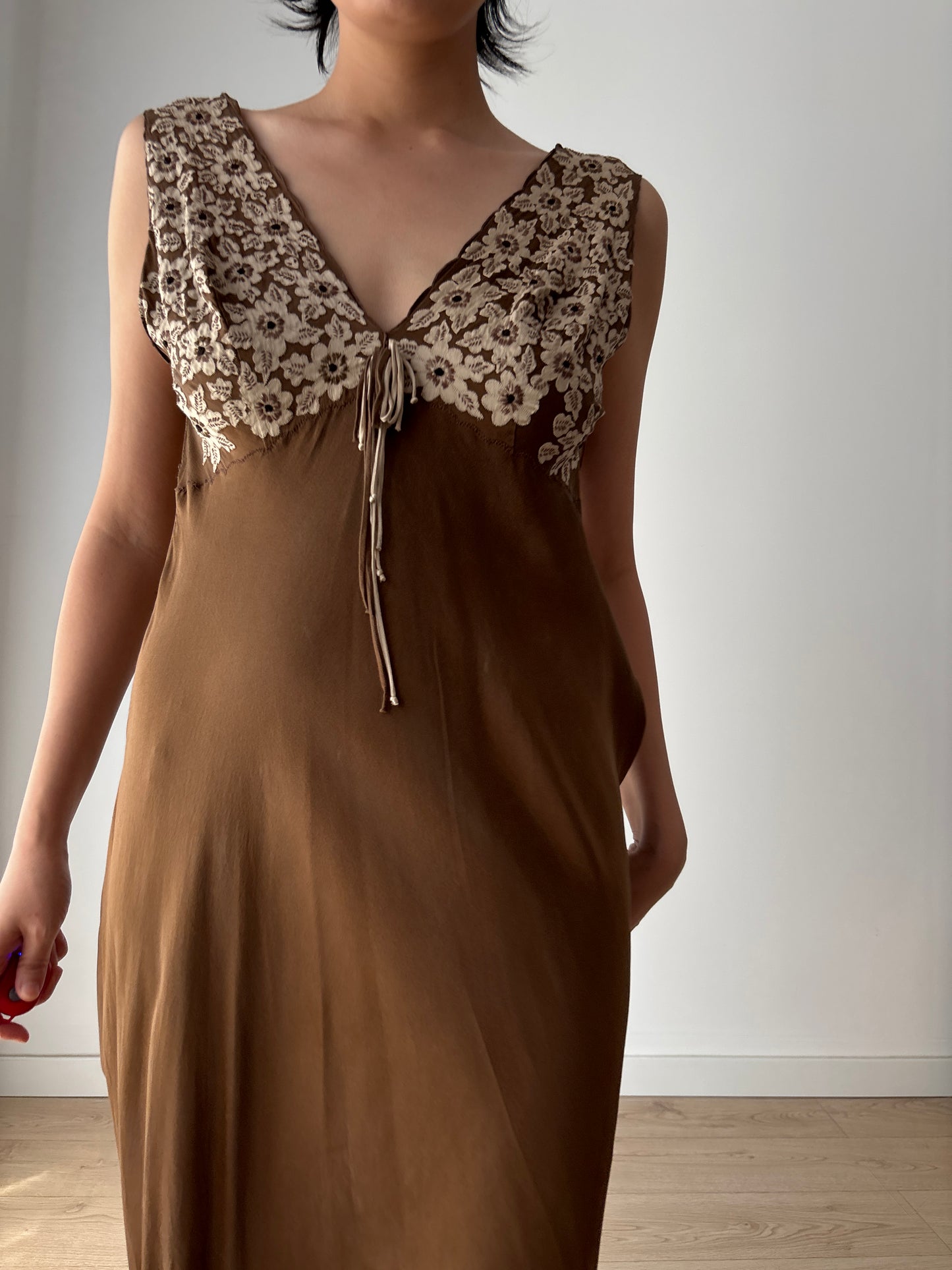 1960s Vintage 100% Silk Brown Floral Embroidered Long Slip Maxi dress