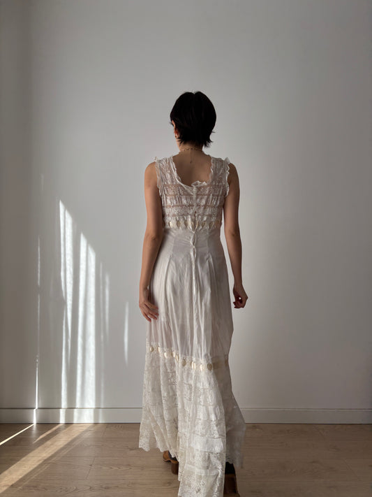 1910s Edwardian White Cotton Dress: French Handmade Lace & Floral Lawn Gown