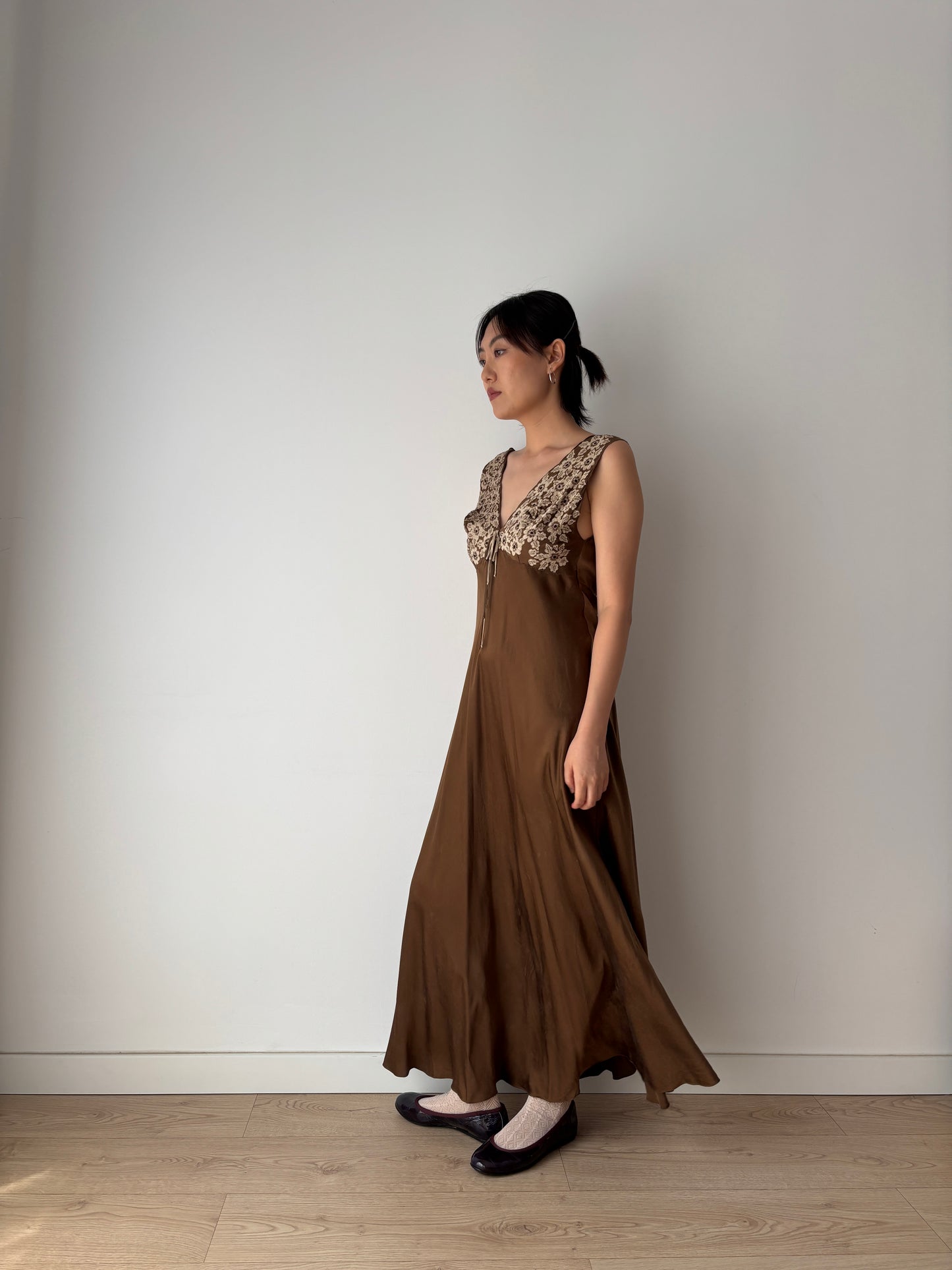 1960s Vintage 100% Silk Brown Floral Embroidered Long Slip Maxi dress