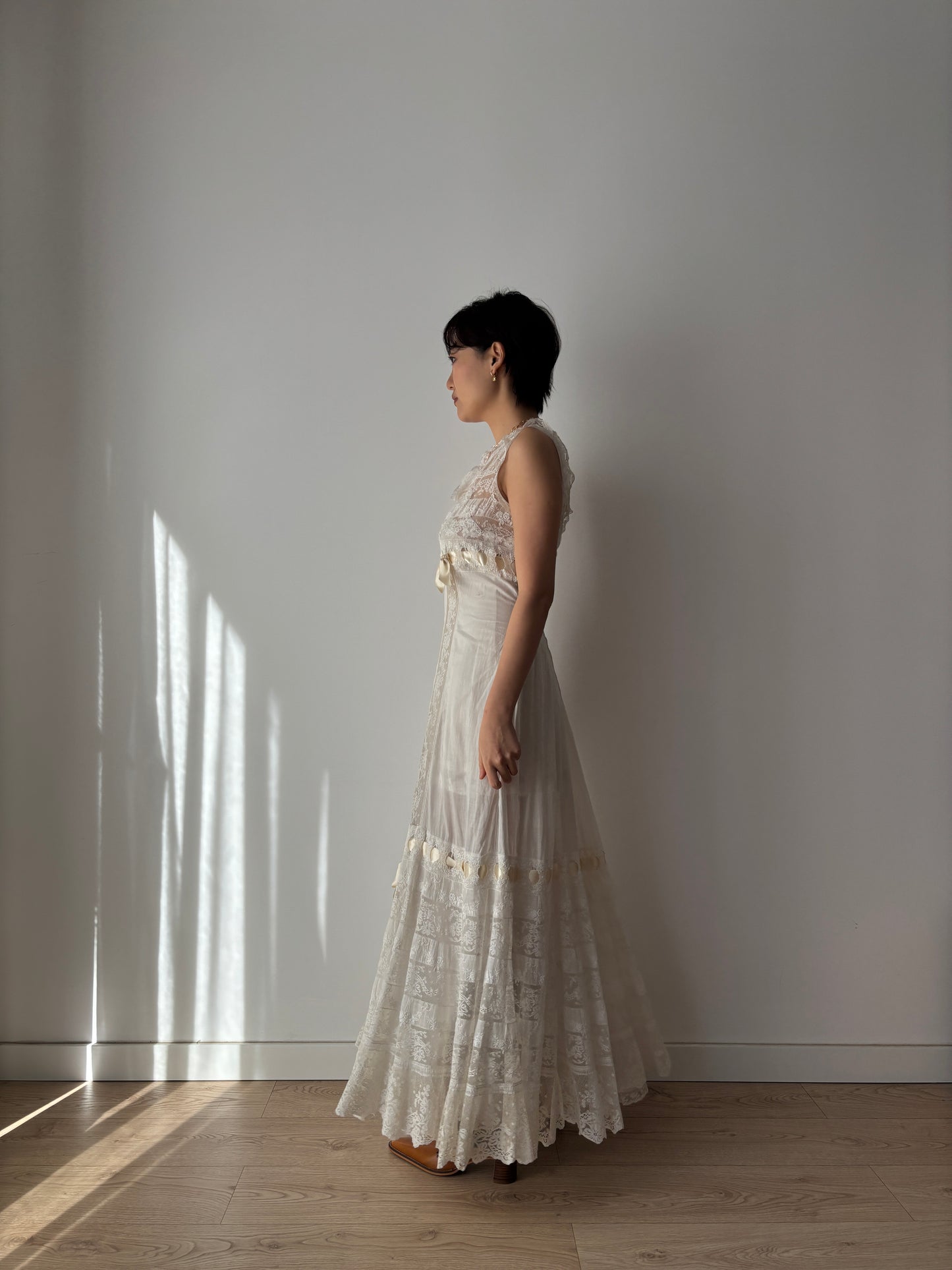 1910s Edwardian White Cotton Dress: French Handmade Lace & Floral Lawn Gown