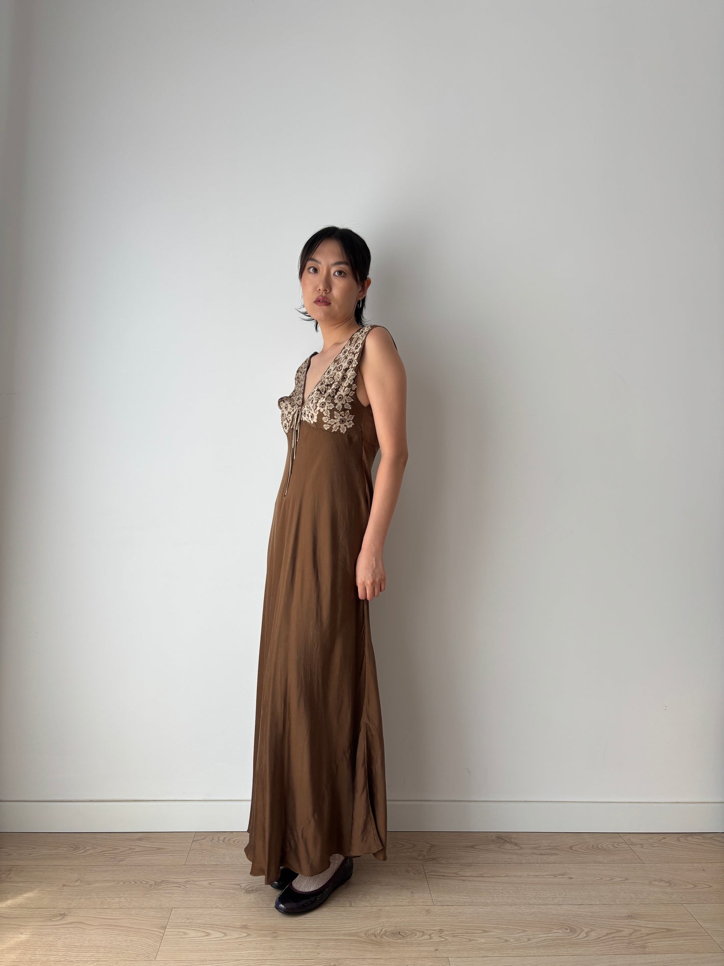 1960s Vintage 100% Silk Brown Floral Embroidered Long Slip Maxi dress