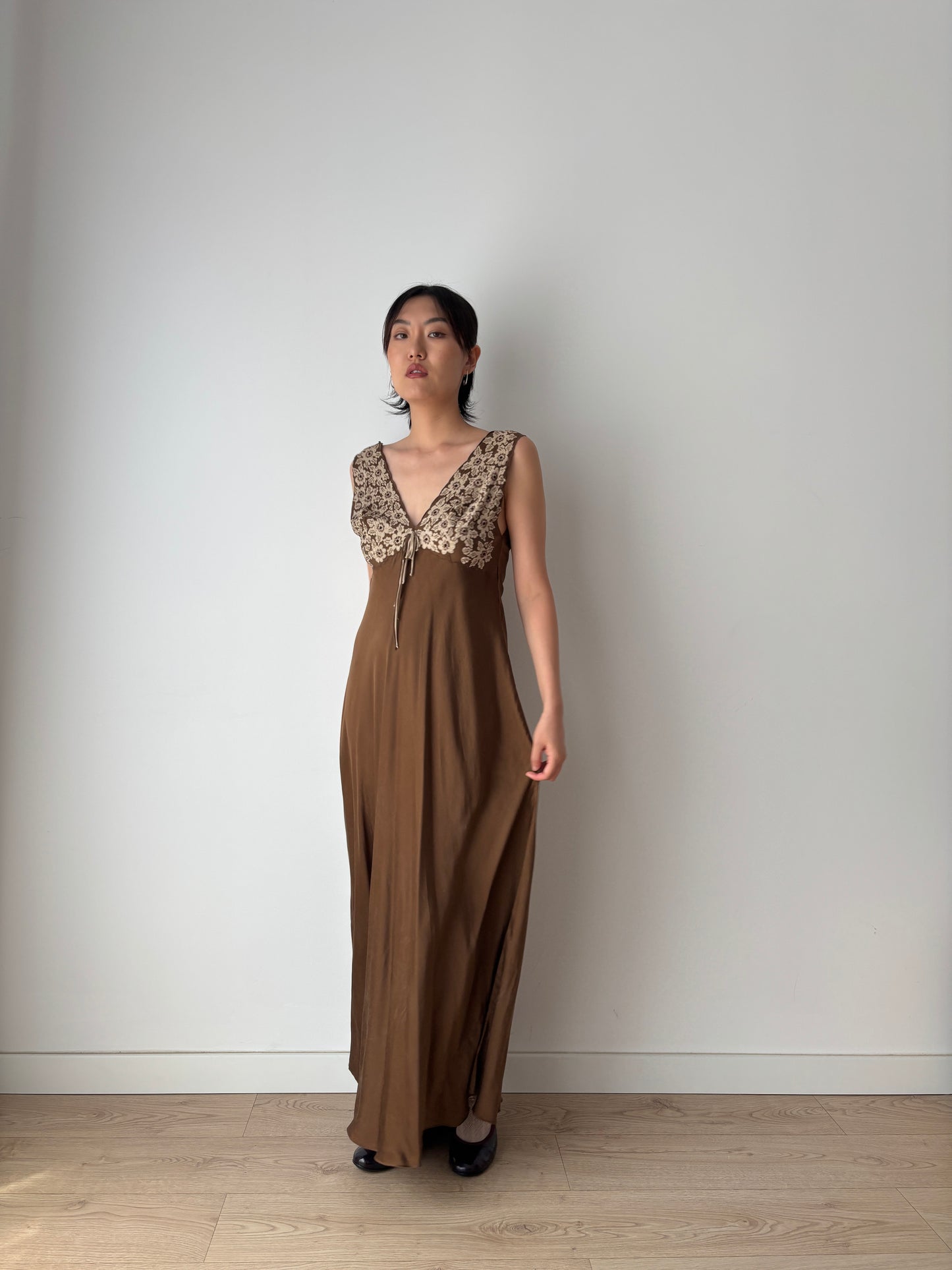 1960s Vintage 100% Silk Brown Floral Embroidered Long Slip Maxi dress